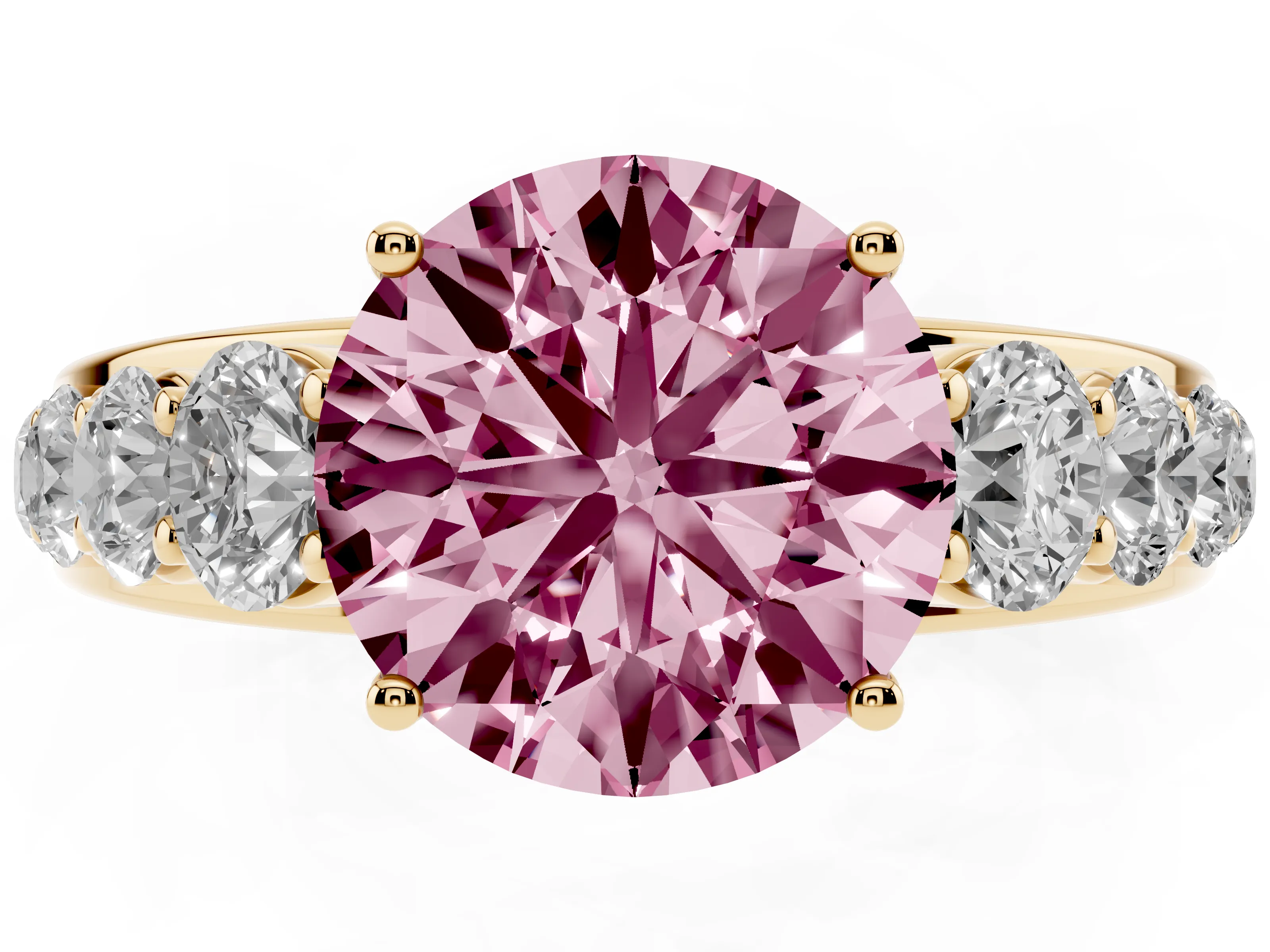Fancy Pink Round Cut Diamond Solitaire Ring Set in Yellow gold with Pavé-Set Band and Prong Setting