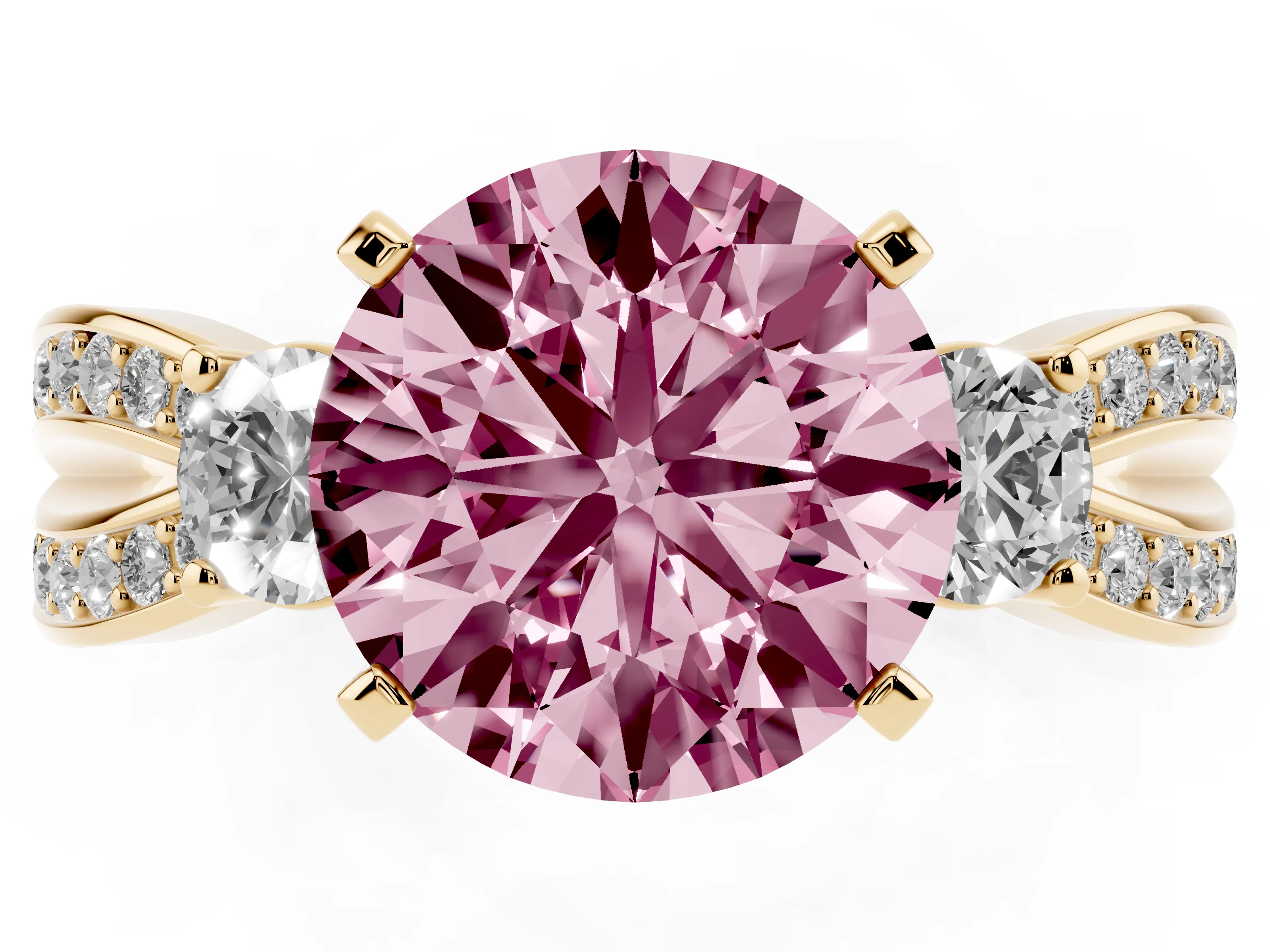 Fancy Pink Three-Stone Round Cut Diamond Twist Band Ring Set in Yellow gold with Pavé Accents and Prong Setting