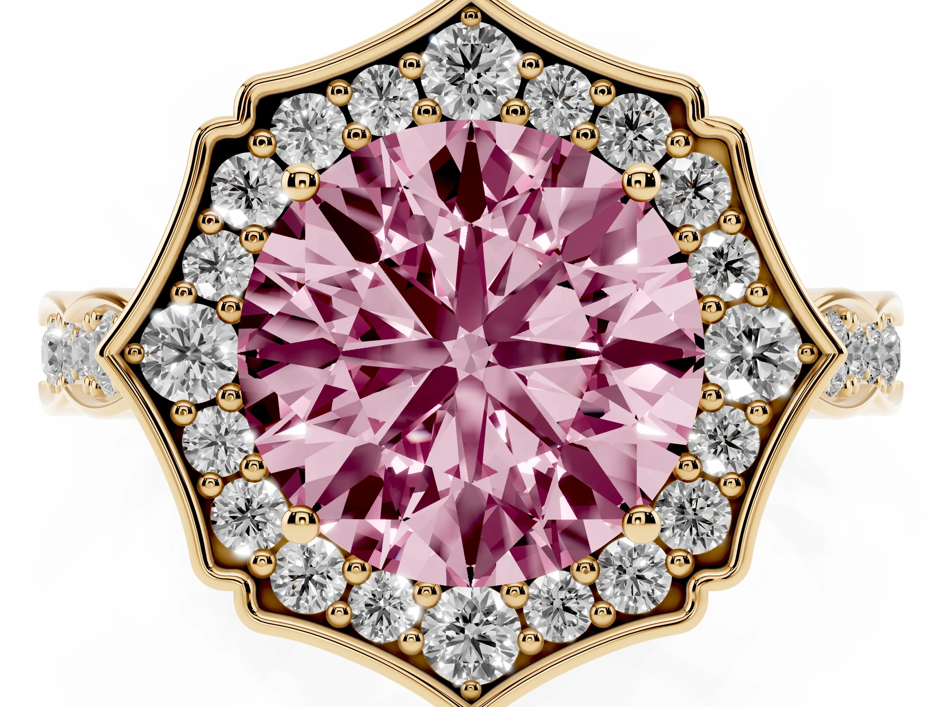 Fancy Pink Round Cut Diamond Halo Engagement Ring Set in Yellow gold with Milgrain Band and Prong Setting