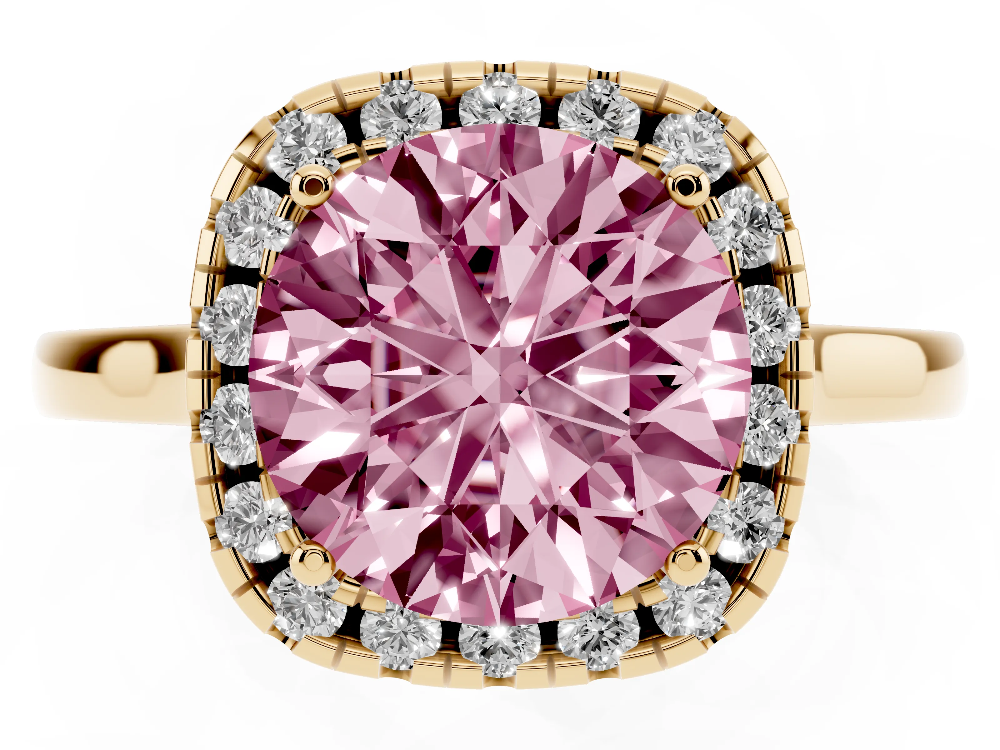 Fancy Pink Round Cut Halo Round Diamond Solitaire Ring Set in Yellow gold with Pavé Band and Prong Setting