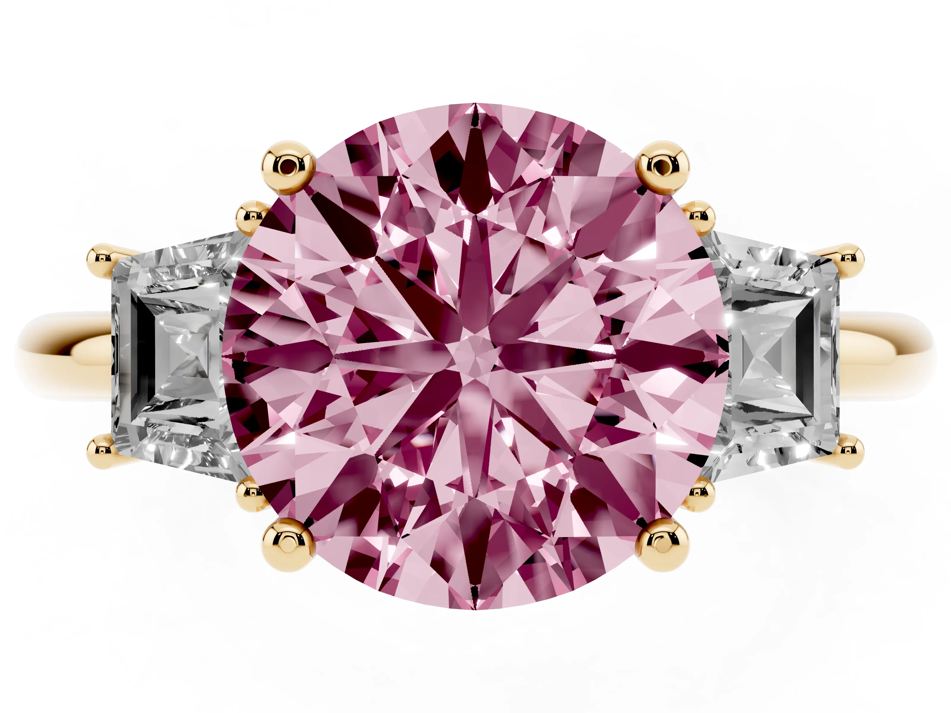 Fancy Pink Round Cut Diamond Three-Stone Ring Set in Yellow gold with Trapezoid Side Stones and Prong Setting
