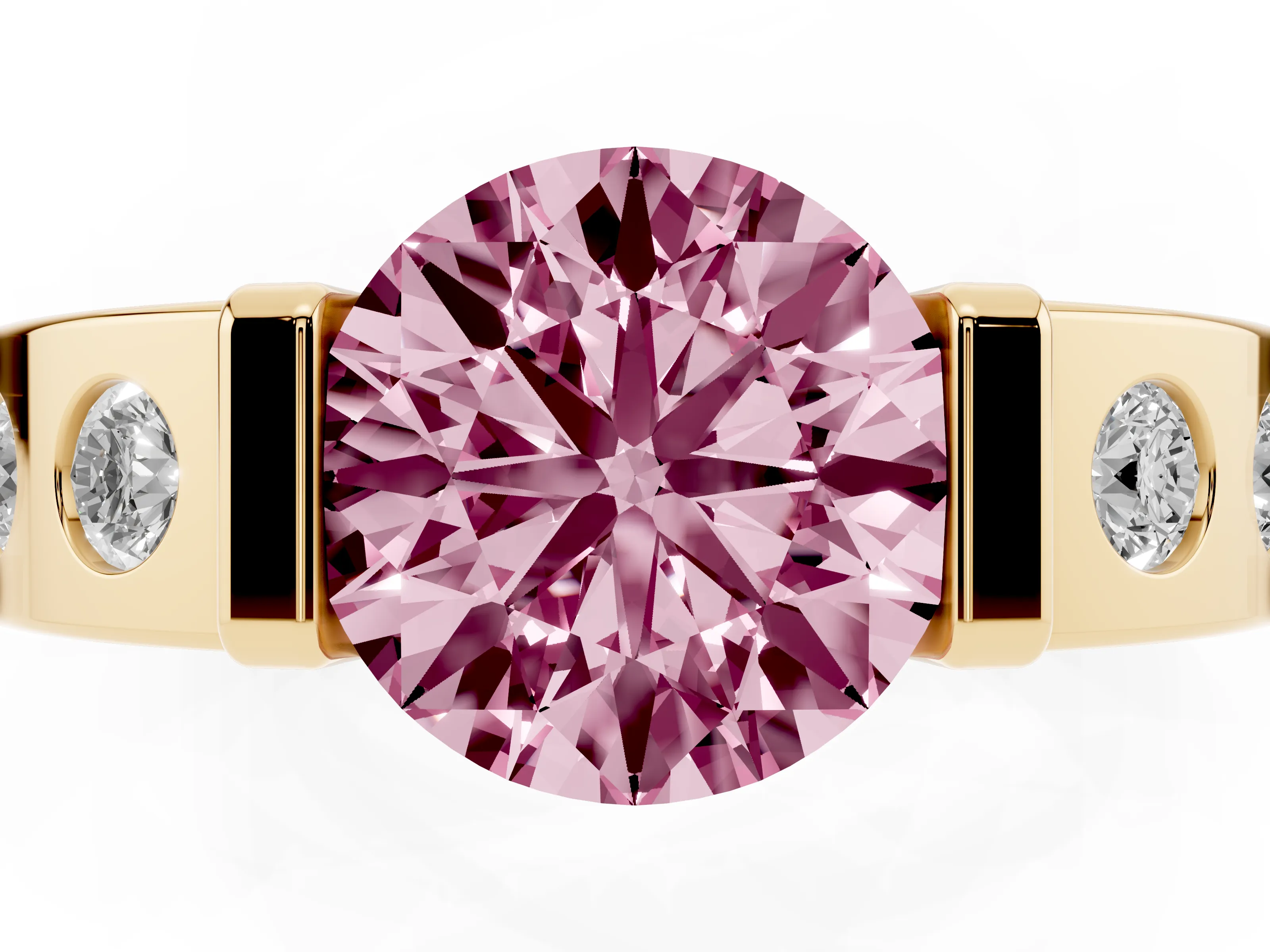Fancy Pink Round Cut Diamond Channel-Set Band Ring Set in Yellow gold with Bezel Prong Setting