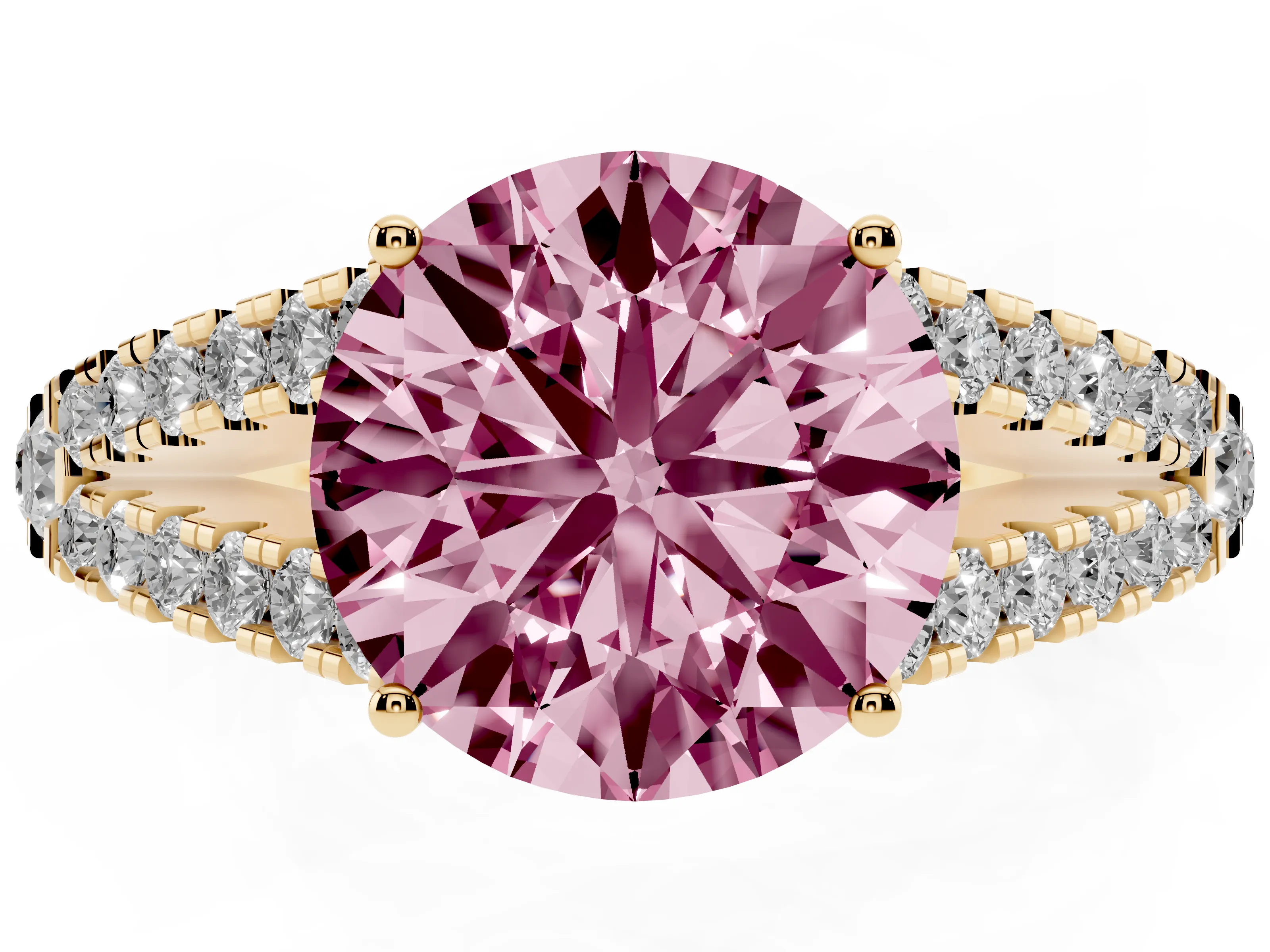 Fancy Pink Round Cut Diamond Split Shank Pavé Engagement Ring Set in Yellow gold with Prong-Held Center Stone
