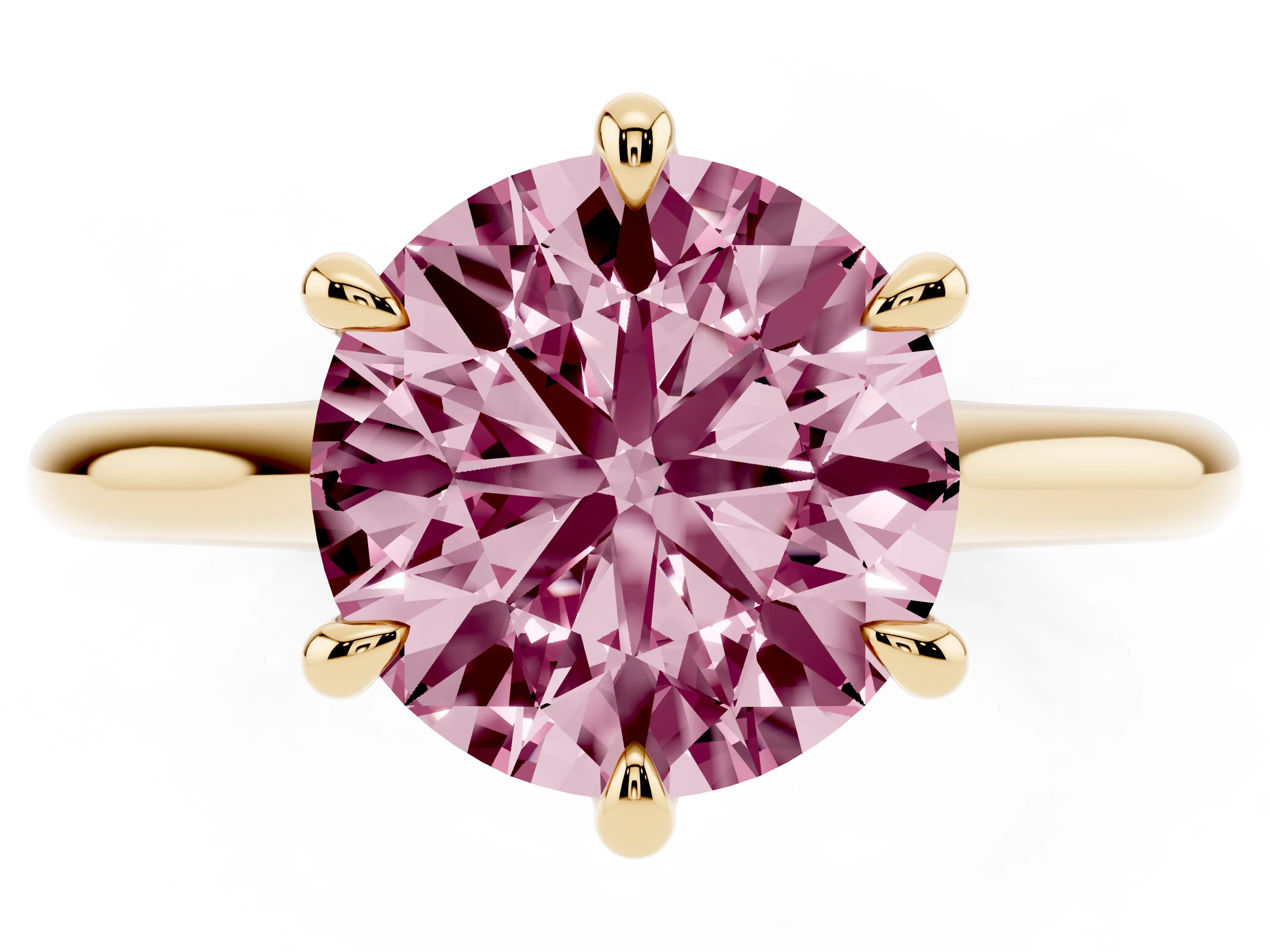 Fancy Pink Round Cut Diamond Solitaire Engagement Ring Set in Yellow gold with Prong Setting and Plain Classic Band