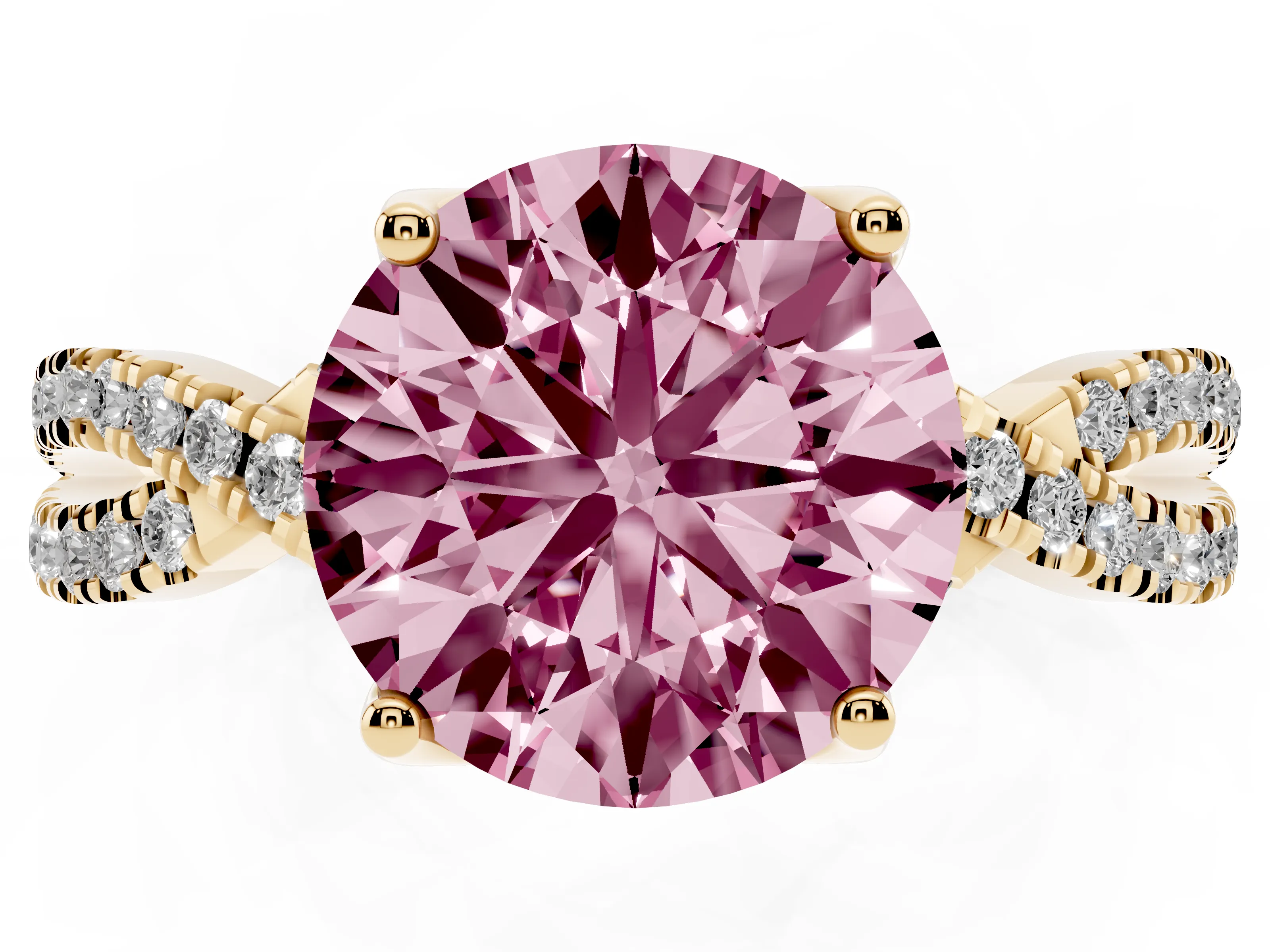 Fancy Pink Round Cut Diamond Twist Pavé Solitaire Engagement Ring Set in Yellow gold with Prong Setting