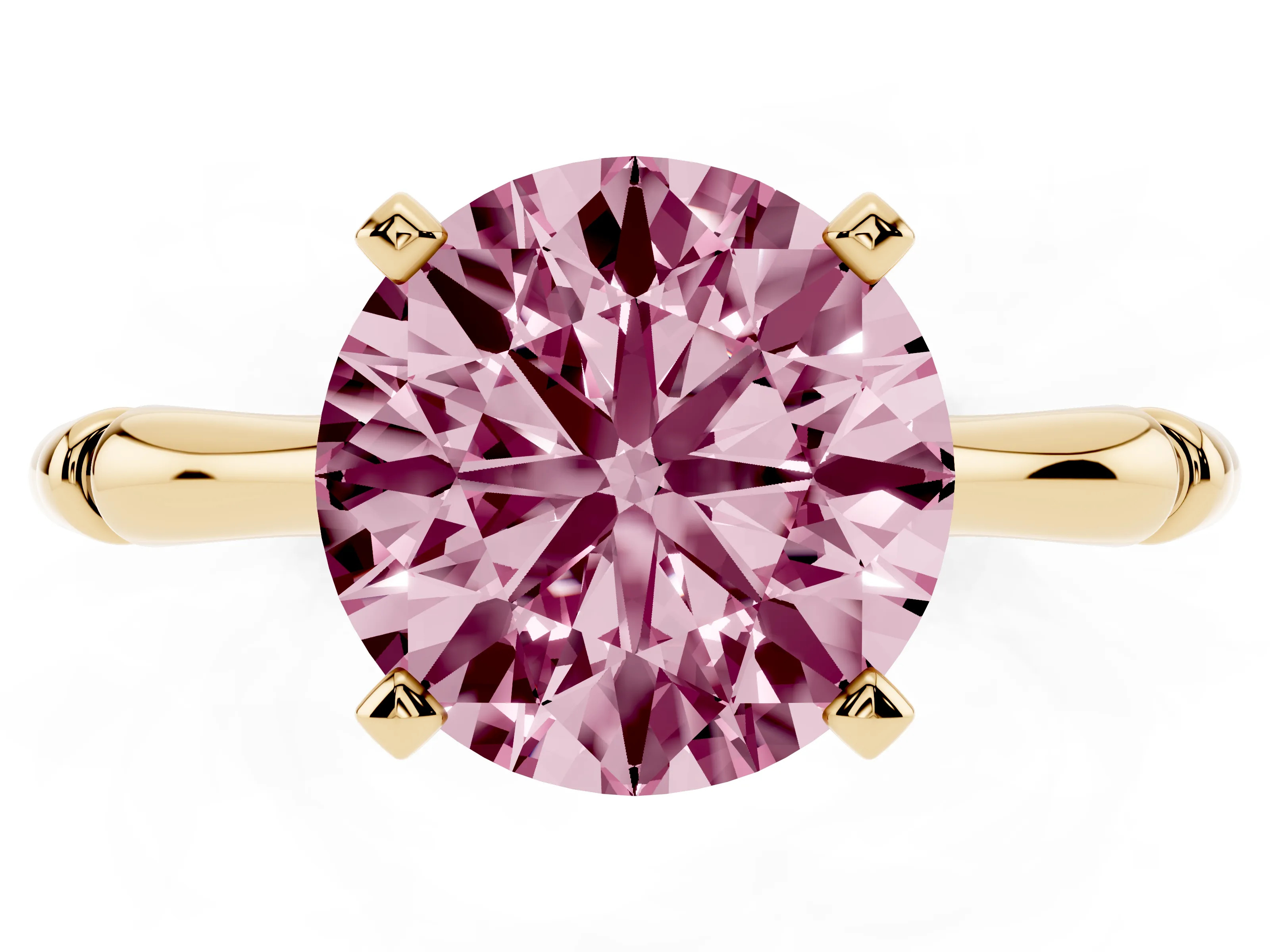 Fancy Pink Round Cut Diamond Solitaire Ring Set in Yellow gold with Bamboo Band and Prong Setting