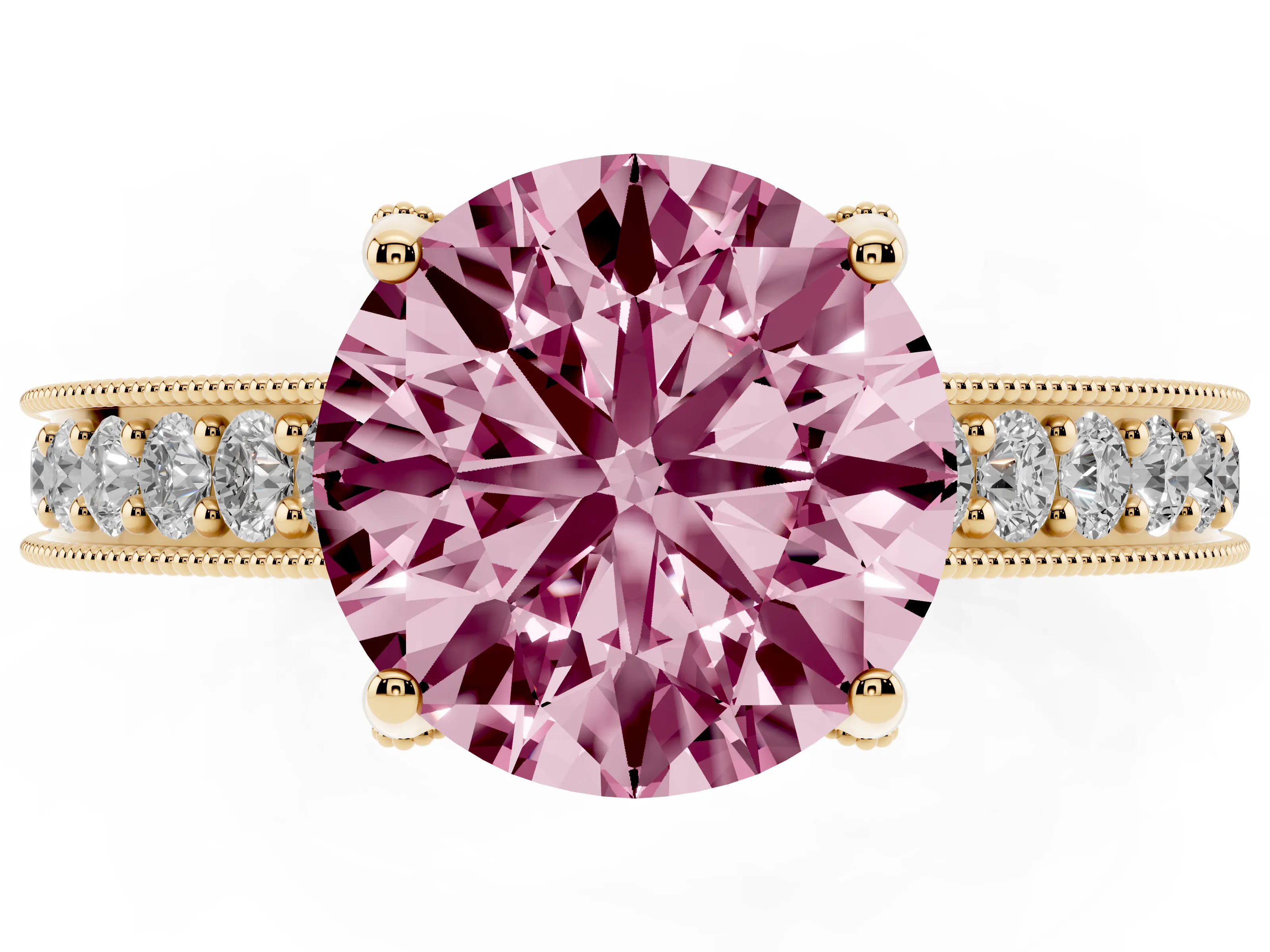 Fancy Pink Round Cut Diamond Solitaire Ring Set in Yellow gold with Milgrain-Edged Pavé Band and Prong Setting