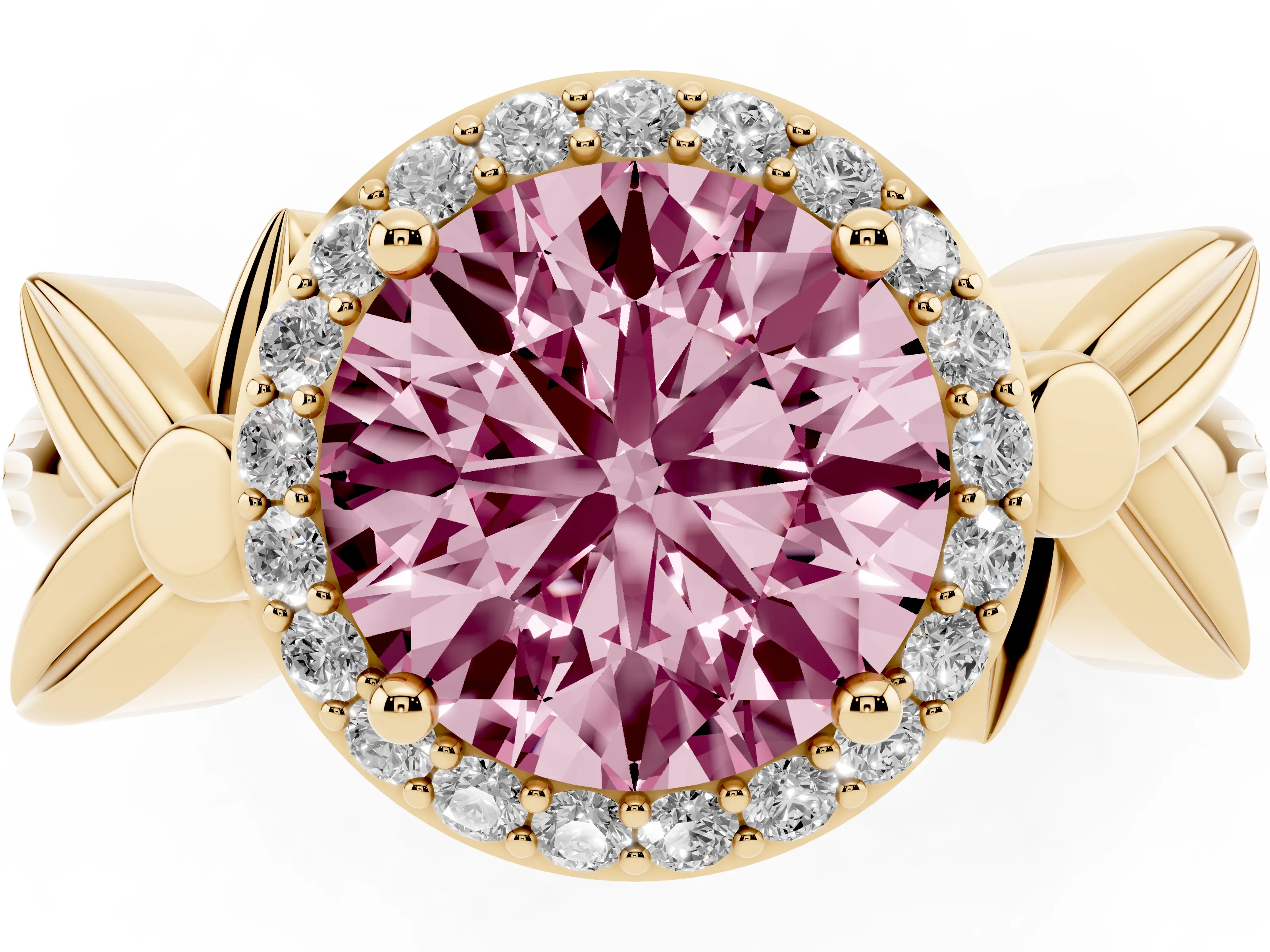 Fancy Pink Round Cut Diamond Halo Floral Band Ring Set in Yellow gold with Prong Setting
