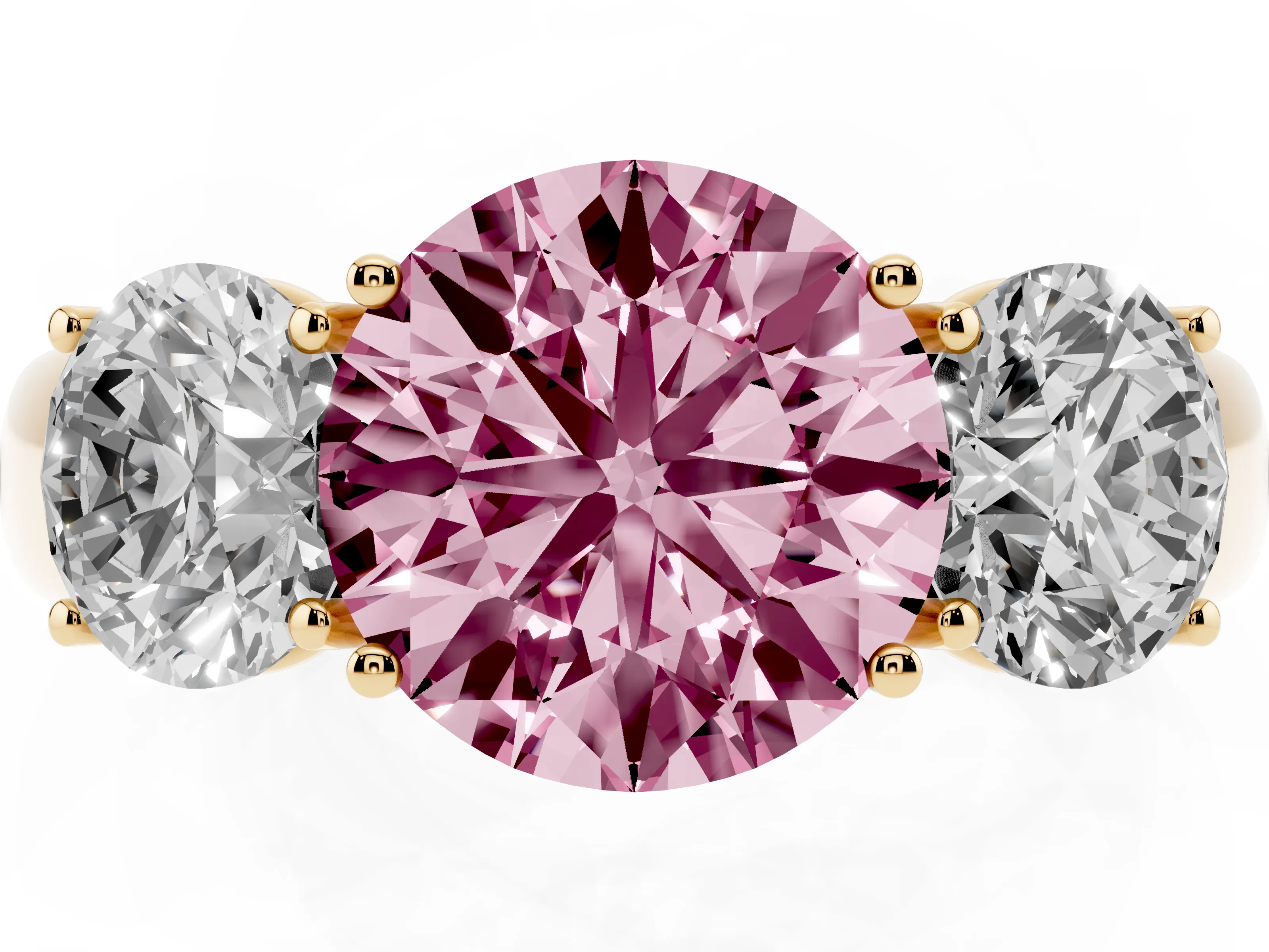 Fancy Pink Three-Stone Round Cut Diamond Ring Set in Yellow gold with Matching Prong Settings and Plain Band