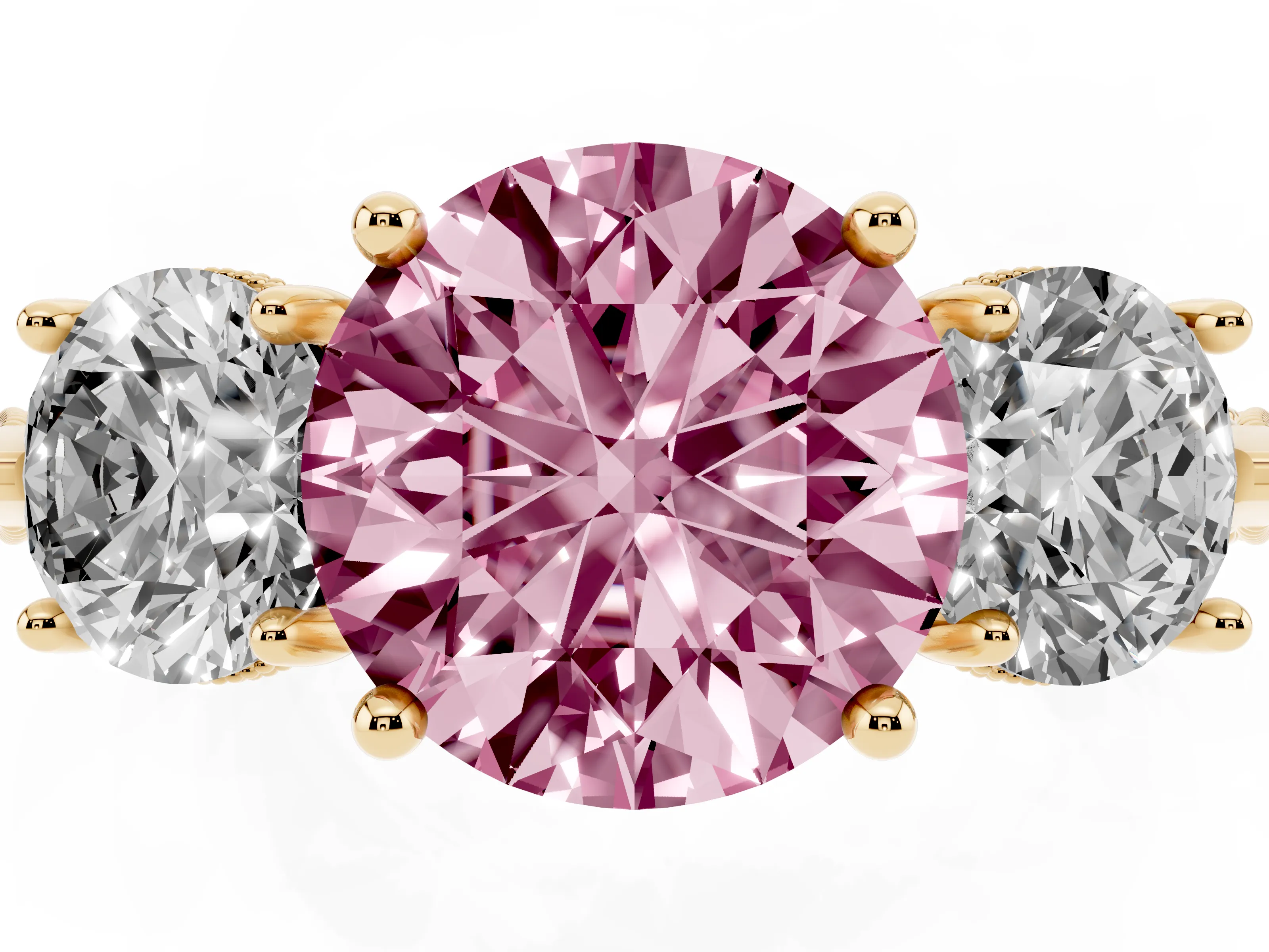 Fancy Pink Round Cut Diamond Three-Stone Ring Set in Yellow gold with Milgrain Band
