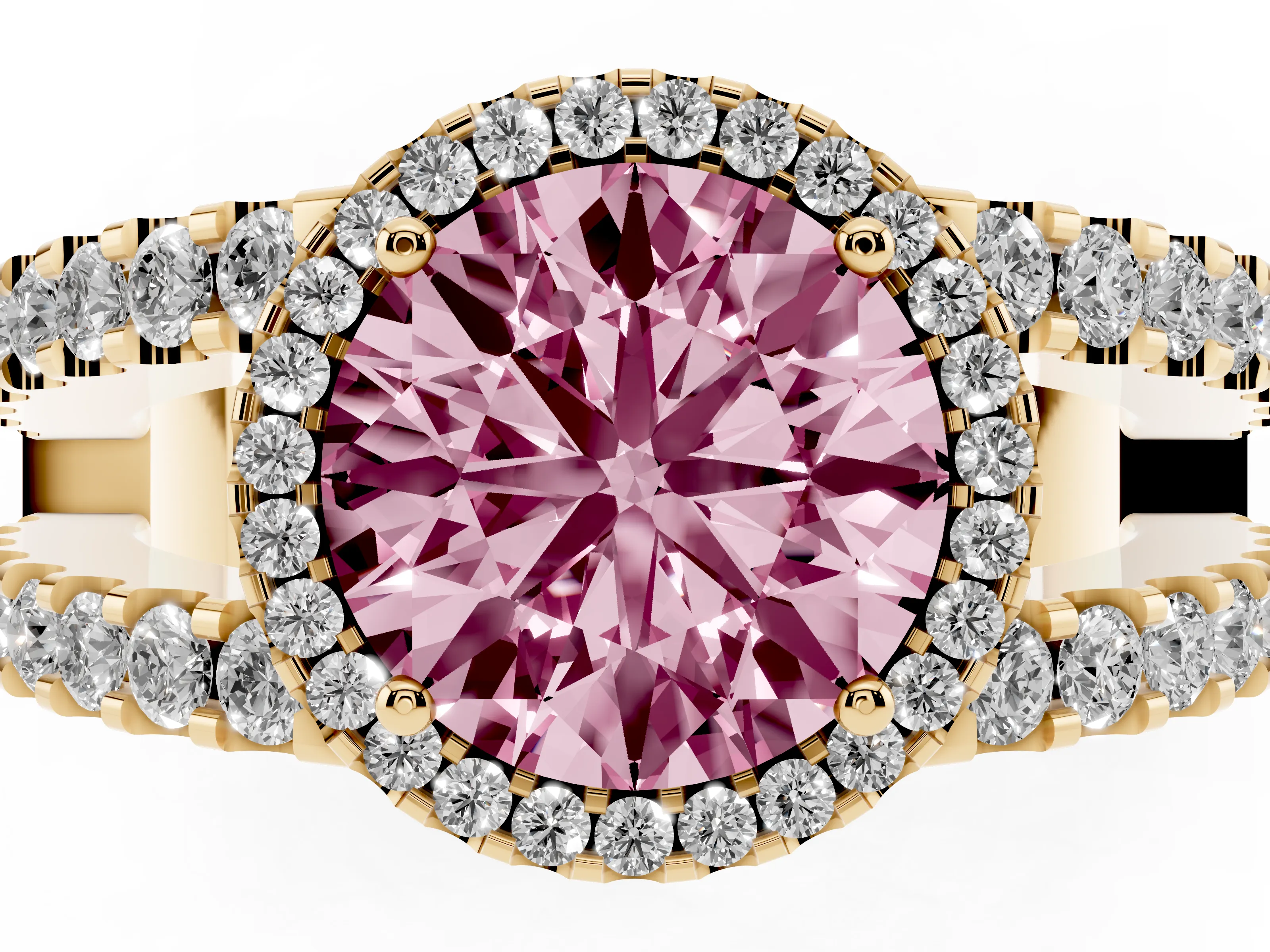 Fancy Pink Round Cut Diamond Halo Ring Set in Yellow gold with Pavé Split Shank and Prong Setting