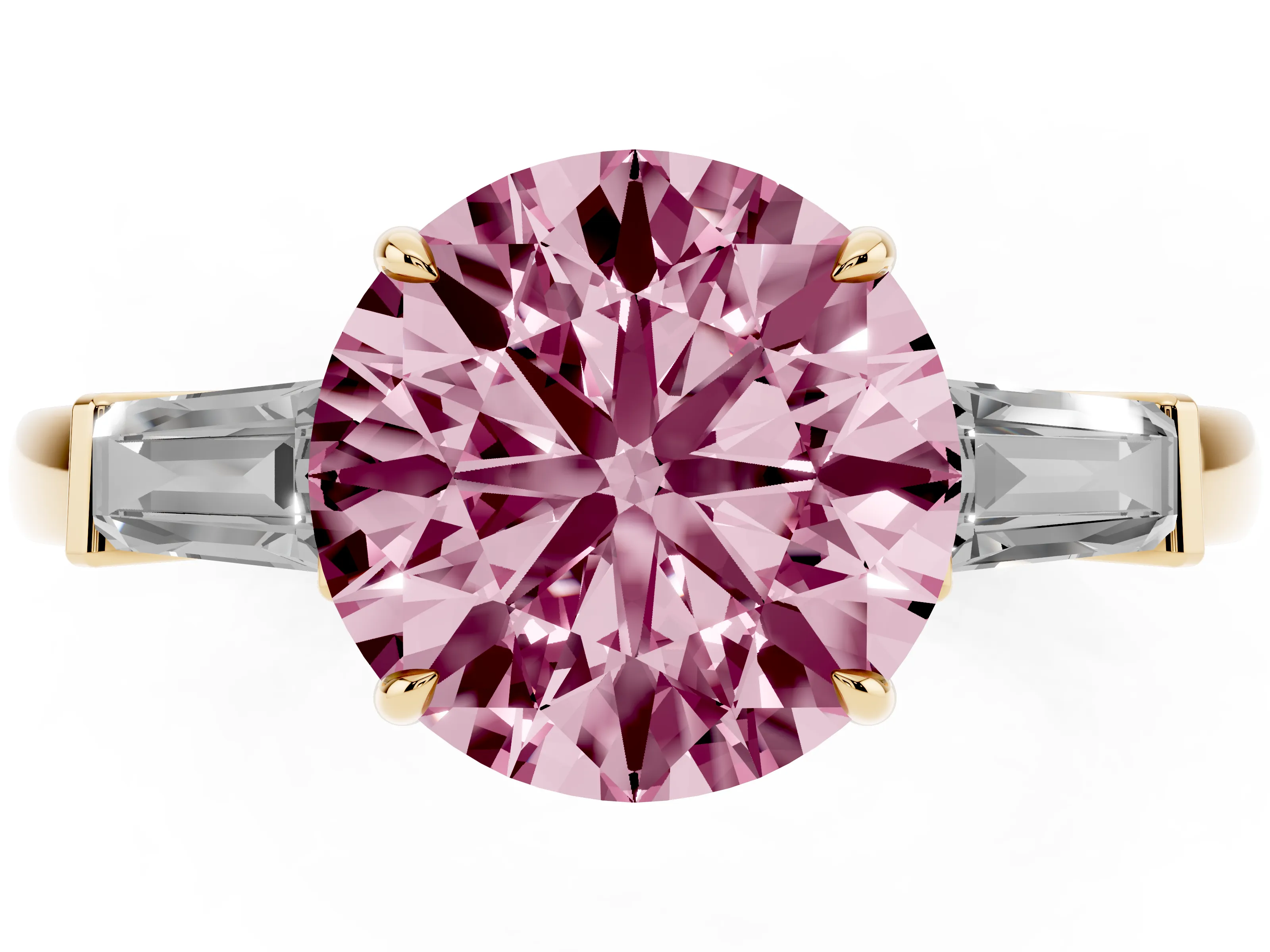 Fancy Pink Round Cut Diamond Three-Stone Ring Set in Yellow gold with Tapered Baguette Side Stones and Prong Setting