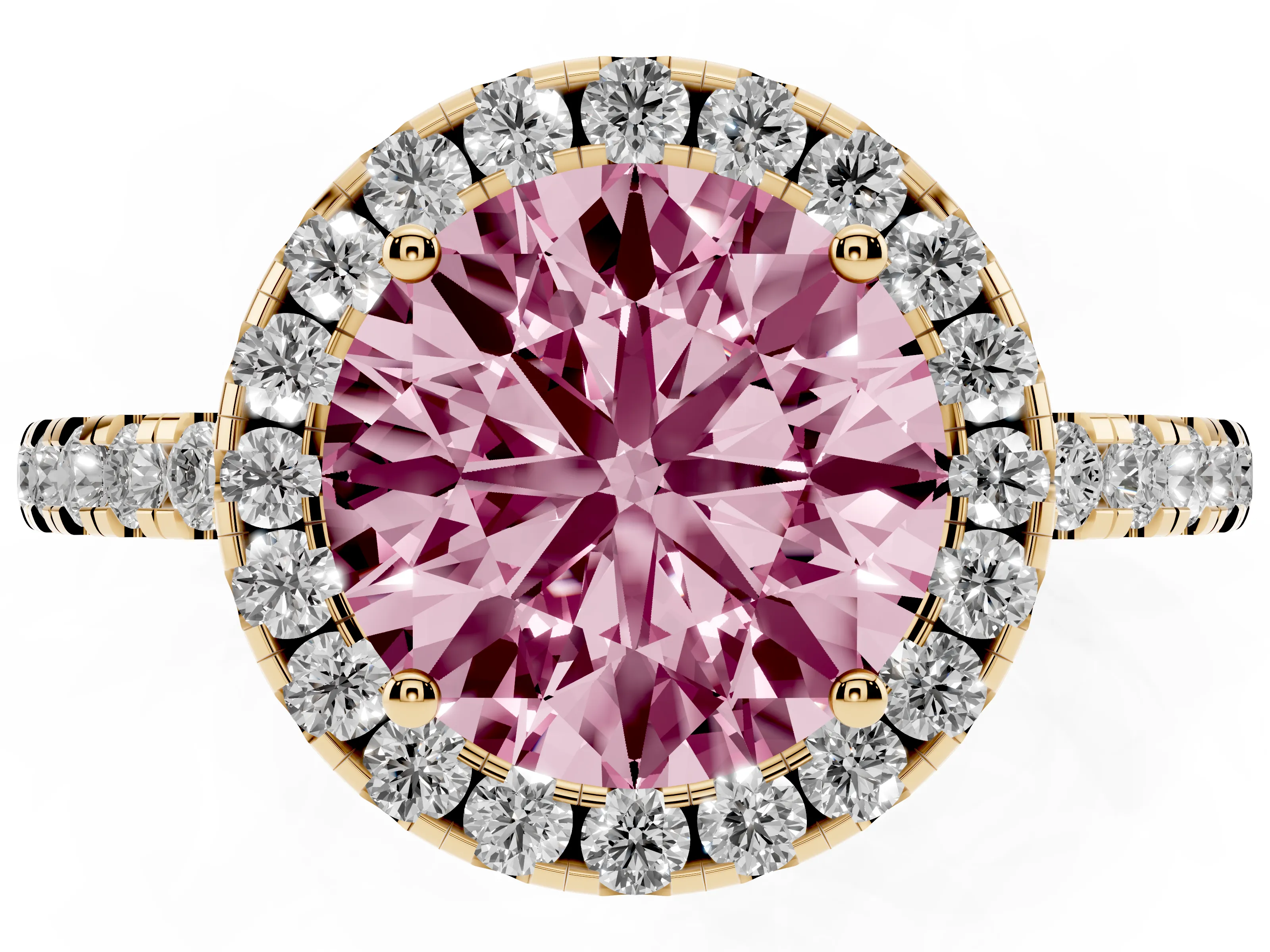 Fancy Pink Round Cut Diamond Pavé Band Halo Engagement Ring Set in Yellow gold with Prong Setting