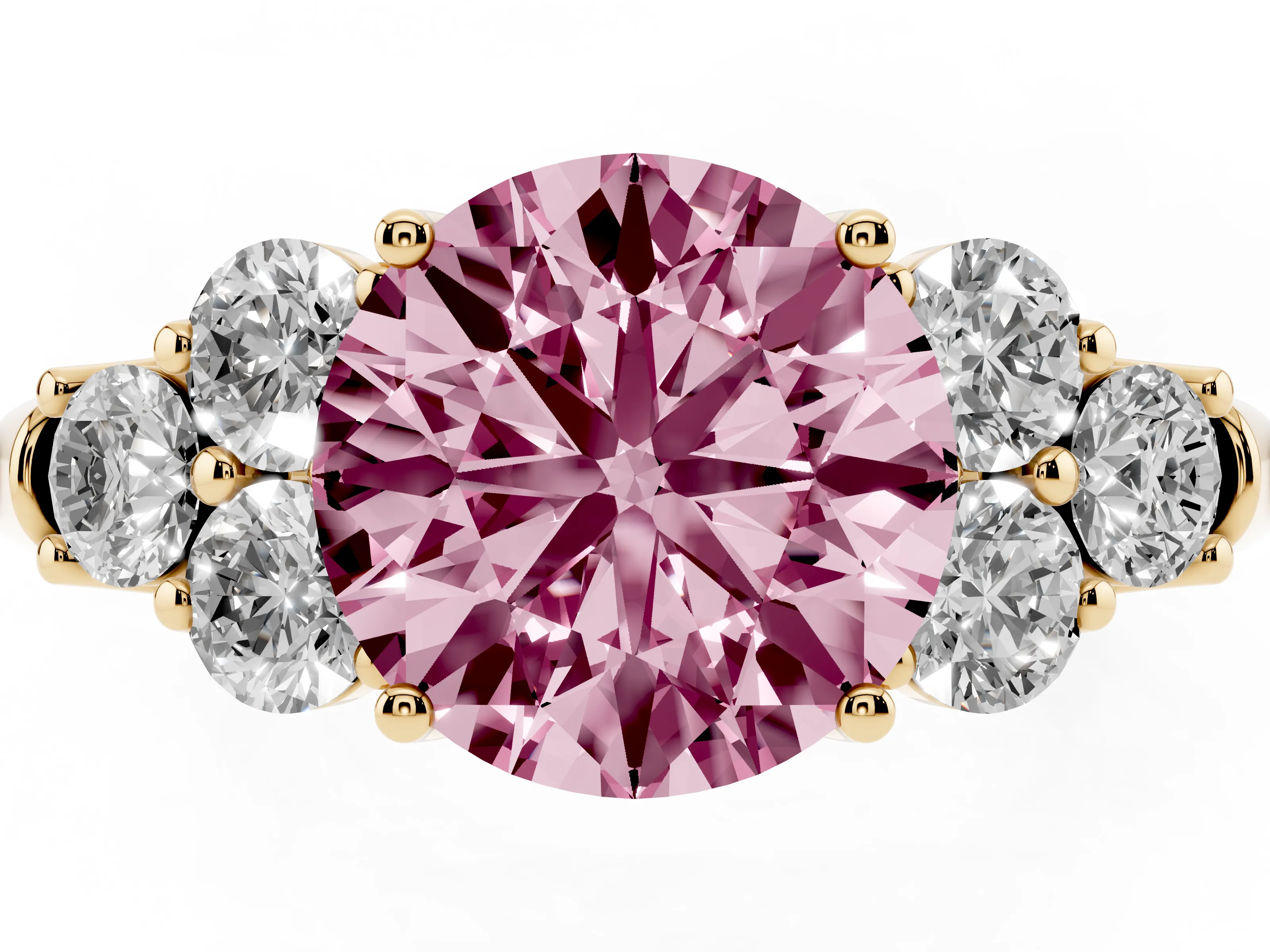 Fancy Pink Round Cut Diamond Cluster Ring Set in Yellow gold with Round Accent Stones and Prong Setting on a Plain Band