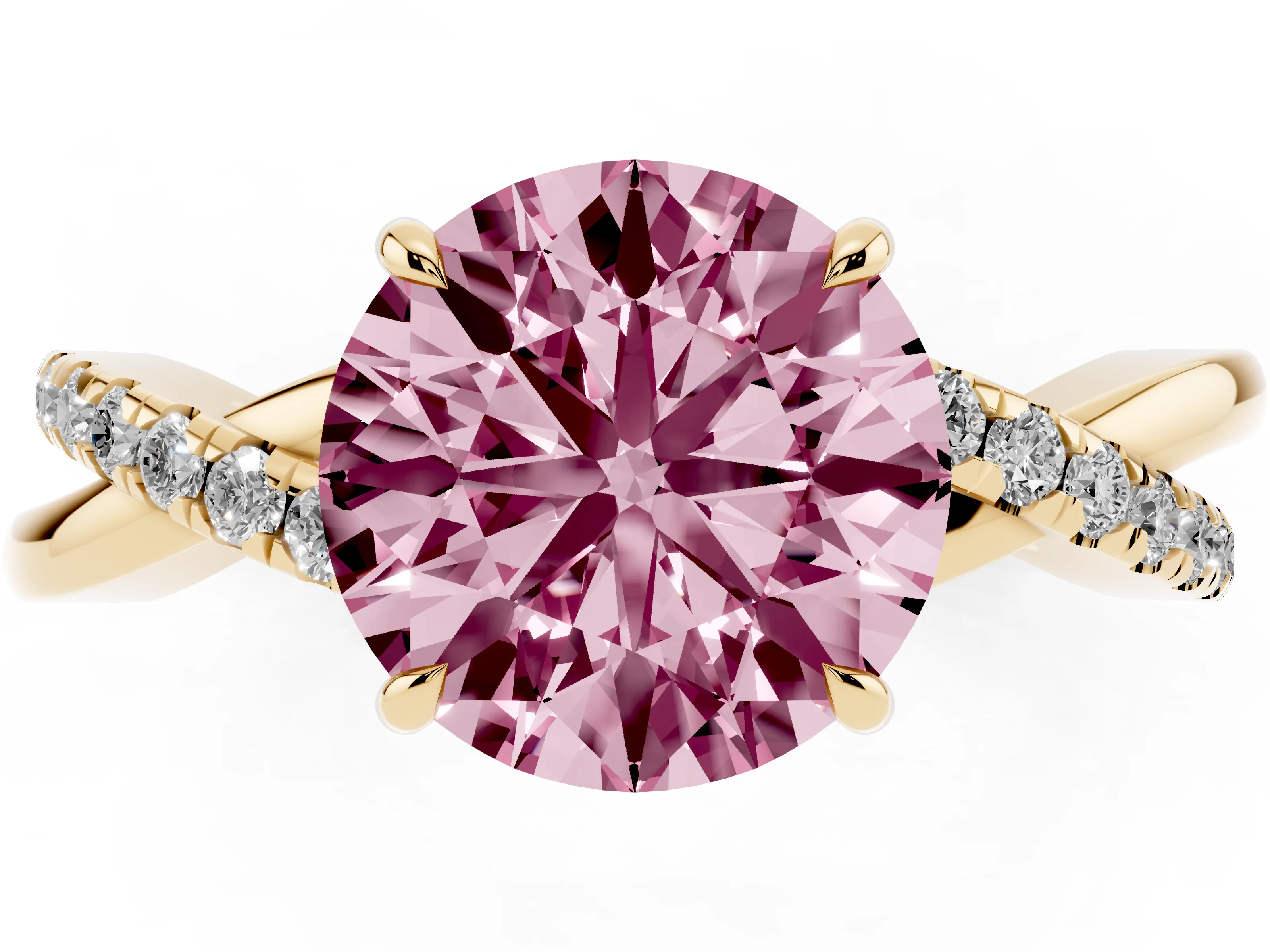 Fancy Pink Round Cut Diamond Twisted Pavé Band Ring Set in Yellow gold with Prong Setting
