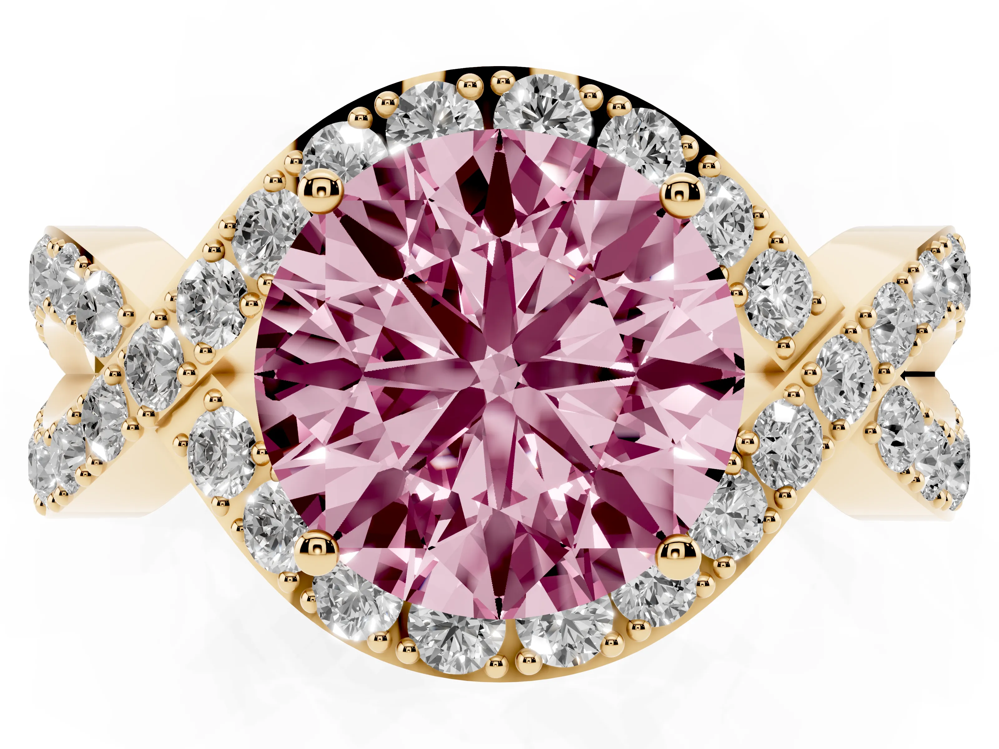 Fancy Pink Round Cut Diamond Solitaire Twist Band Pavé Engagement Ring Set in Yellow gold