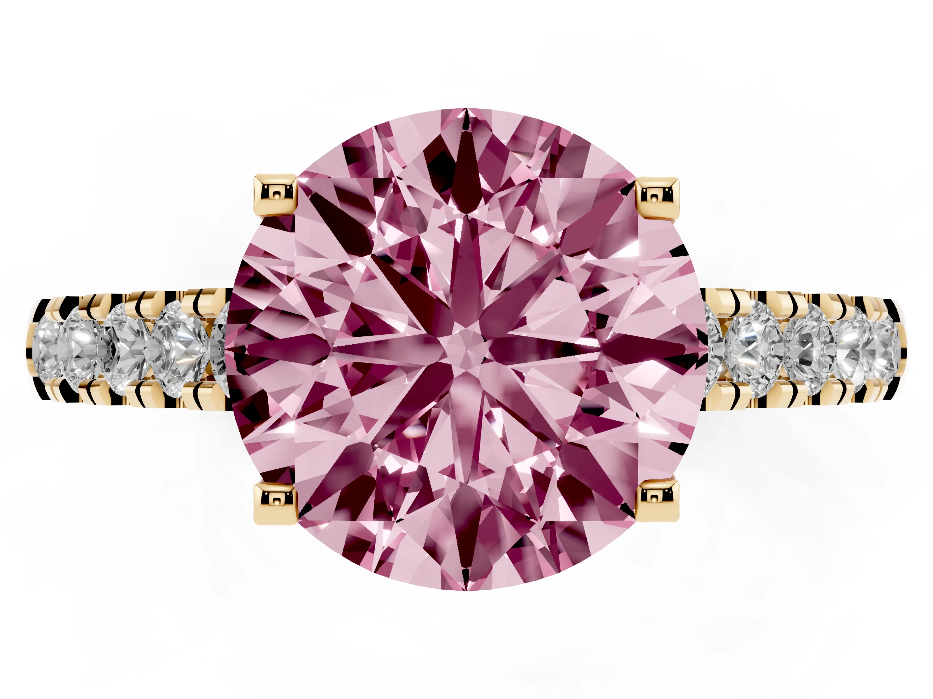 Fancy Pink Round Cut Diamond Pavé Band Solitaire Ring Set in Yellow gold with Partway Accent Stones and Prong Setting