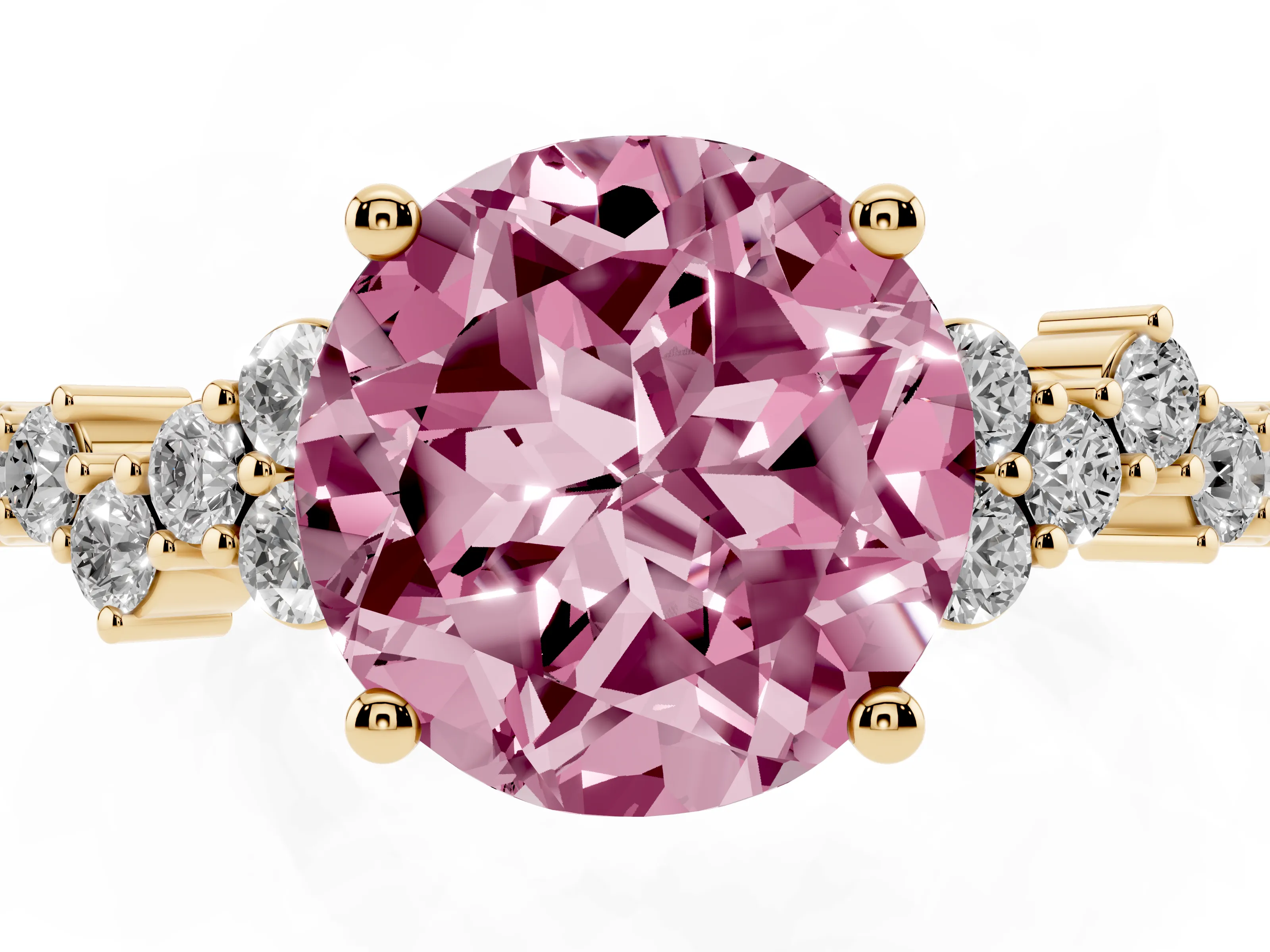 Fancy Pink Round Cut Diamond Ring Set in Yellow gold with Scattered Round Accents