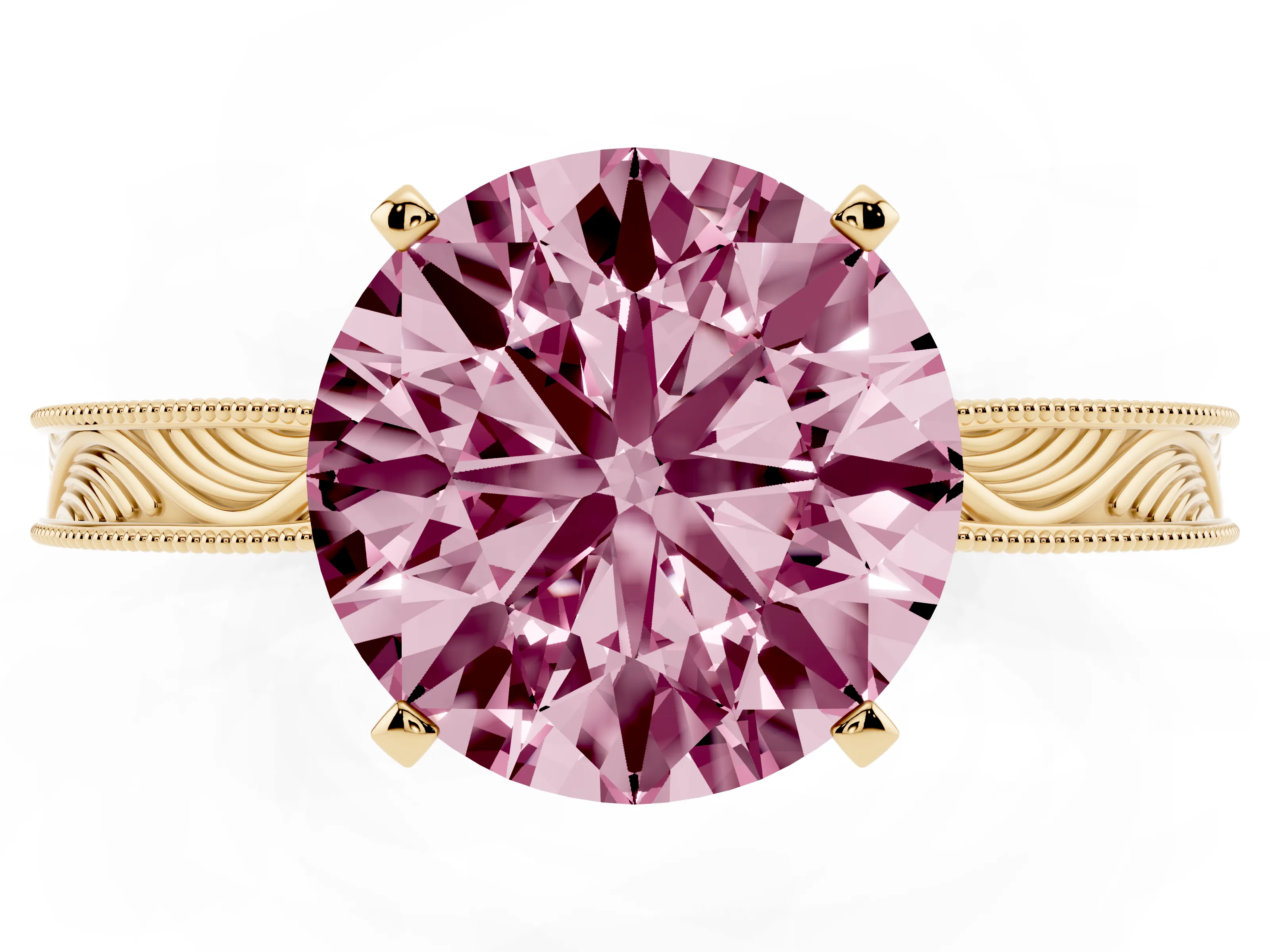 Fancy Pink Round Cut Diamond Solitaire Milgrain Engraved Band Set in Yellow gold with Prong Setting