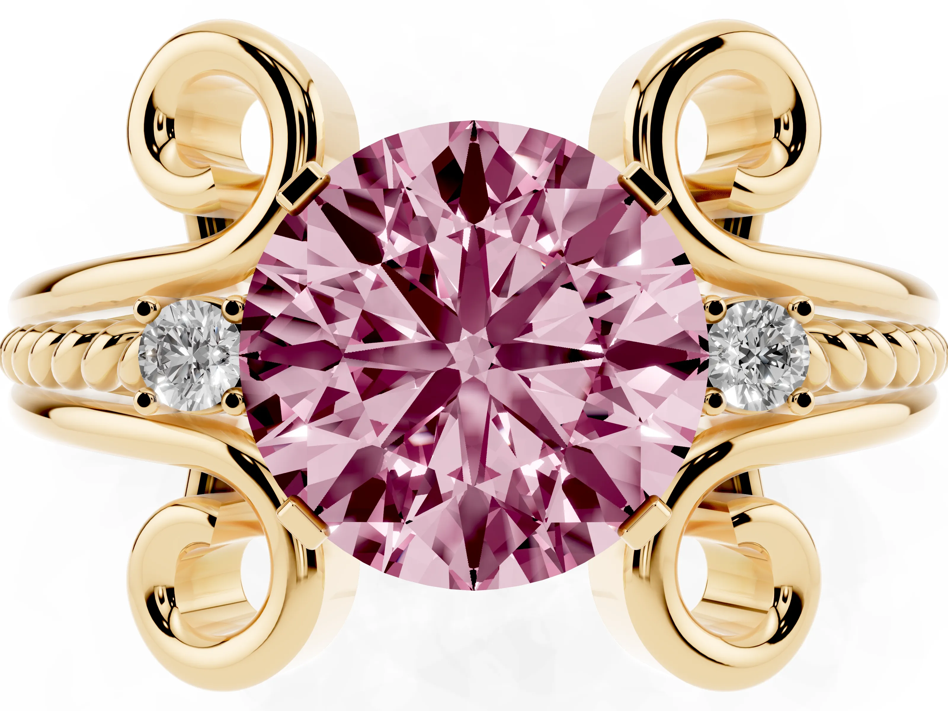 Fancy Pink Round Cut Diamond Twisted Band Solitaire Ring Set in Yellow gold with Scroll Prongs