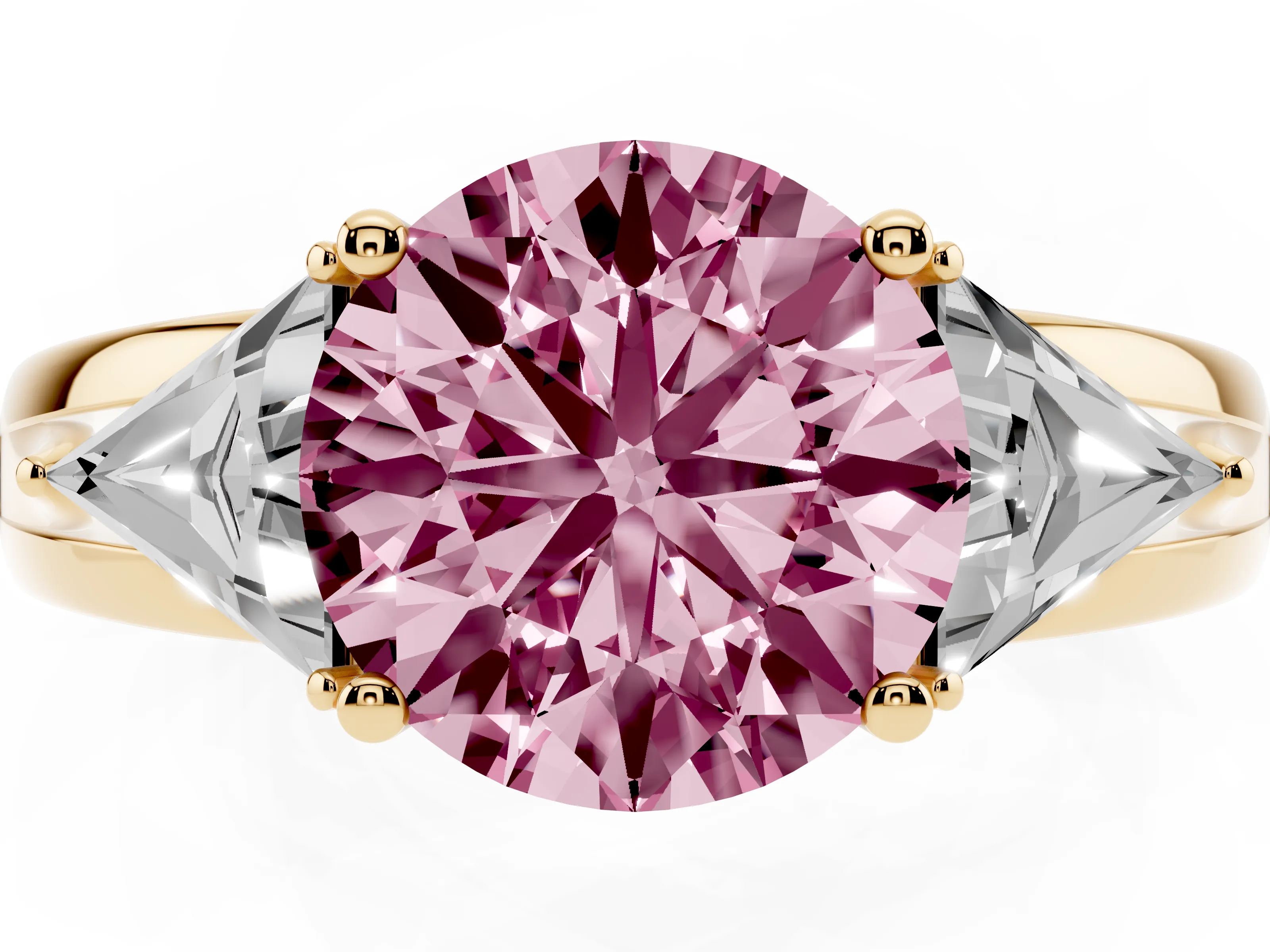 Fancy Pink Round Cut Diamond Three-Stone Ring Set in Yellow gold with Trillion Side Stones and Split Shank