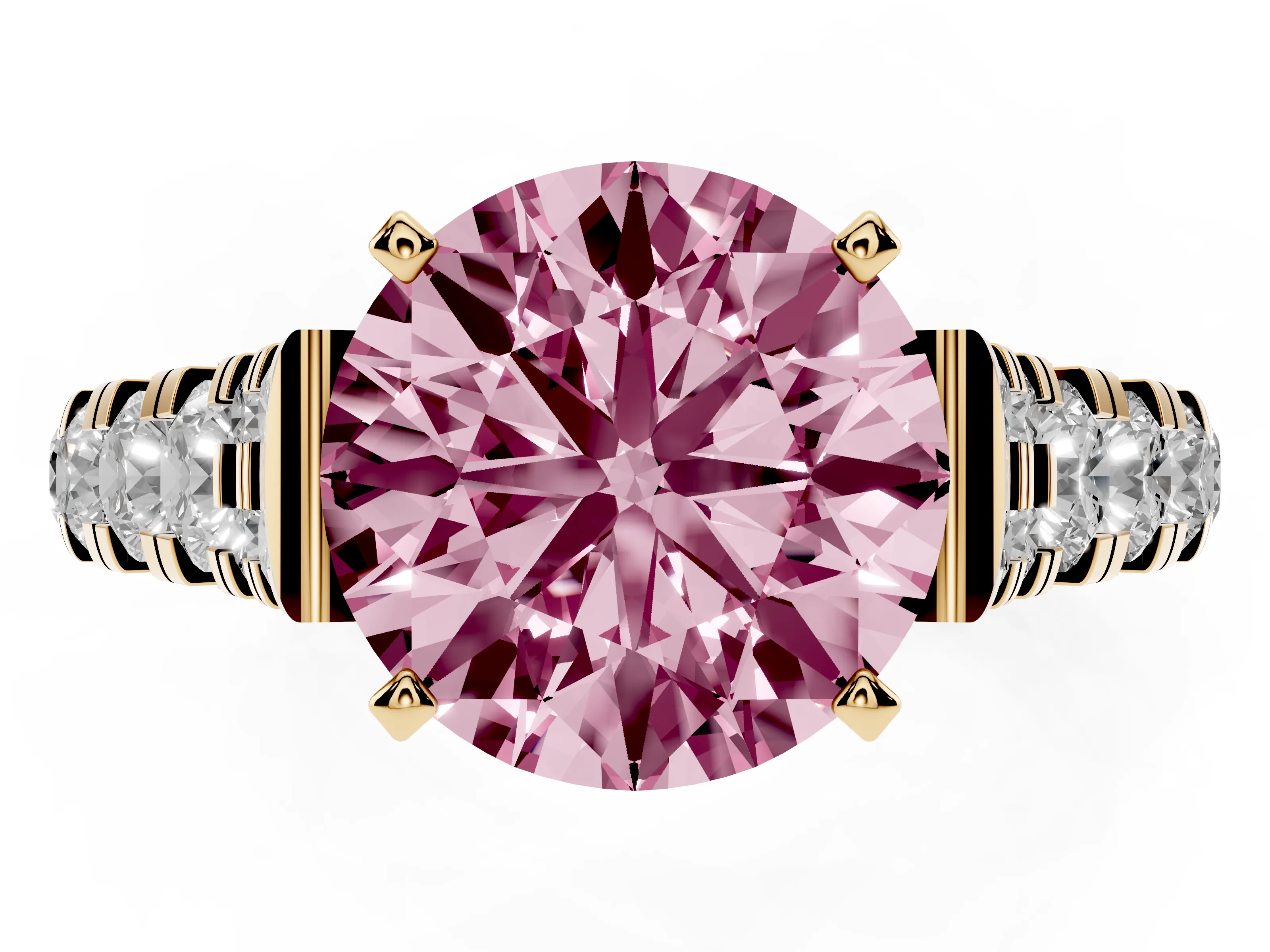 Fancy Pink Round Cut Diamond Classic Solitaire Ring Set in Yellow gold with Pavé Band and Prong Setting