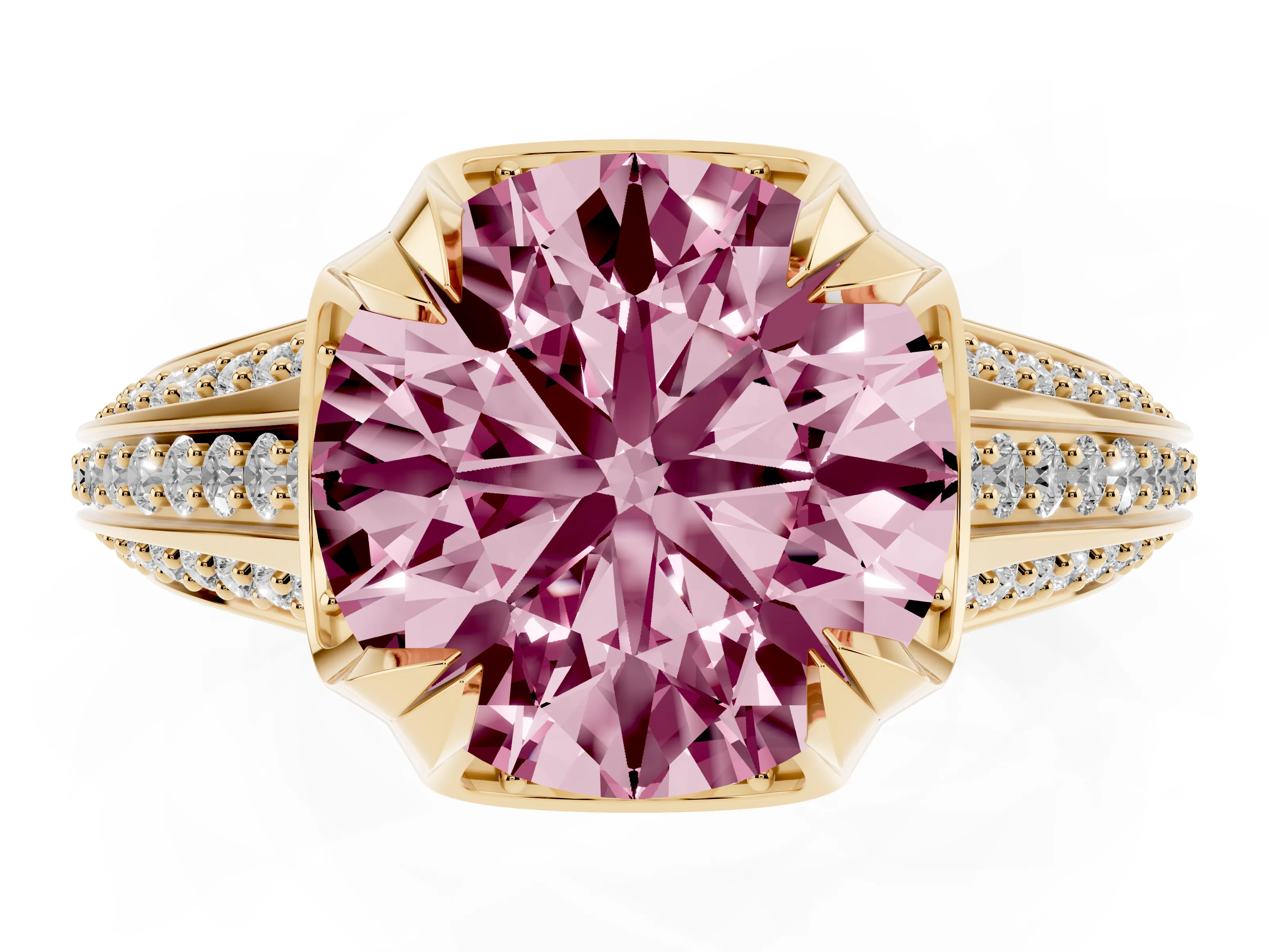 Fancy Pink Round Cut Diamond Pavé Split Shank Solitaire Ring Set in Yellow gold with Prong Setting