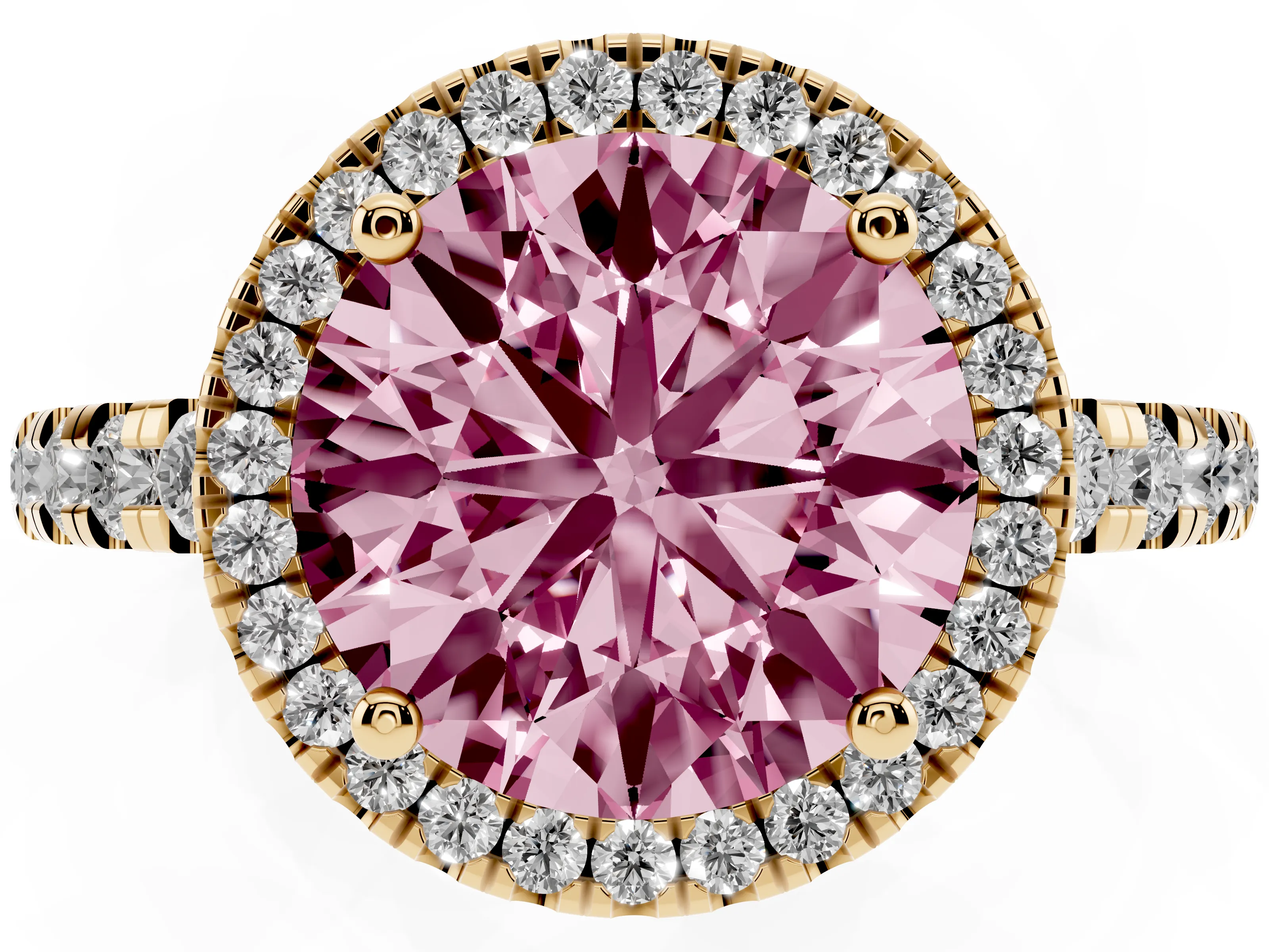 Fancy Pink Round Cut Diamond Halo Ring Set in Yellow gold with Delicate Pavé Band and Prong Setting