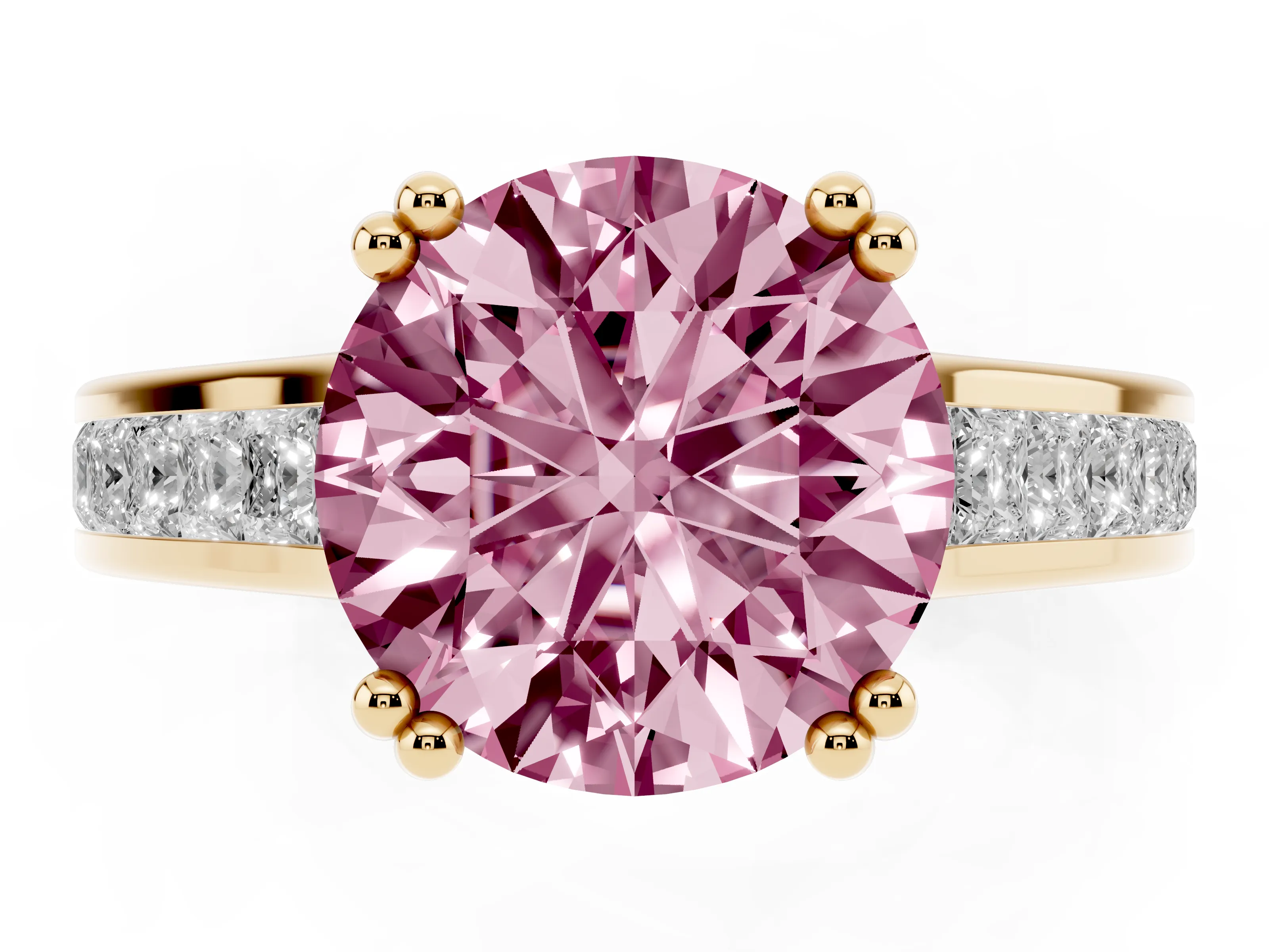 Fancy Pink Round Cut Diamond Channel Set Solitaire Engagement Ring Set in Yellow gold with Prong Setting