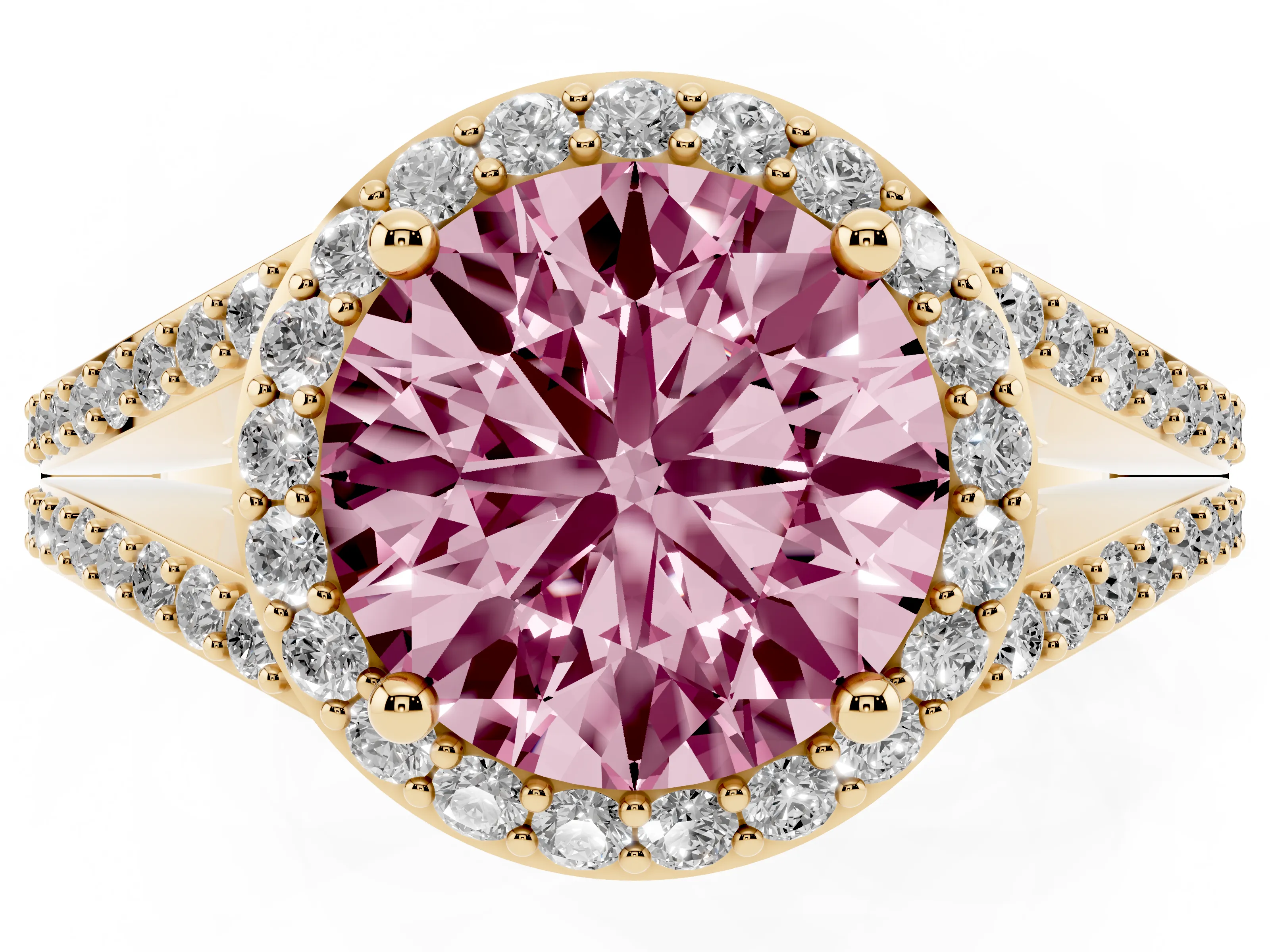 Fancy Pink Round Cut Diamond Halo Split Shank Pavé Ring Set in Yellow gold with Prong Setting