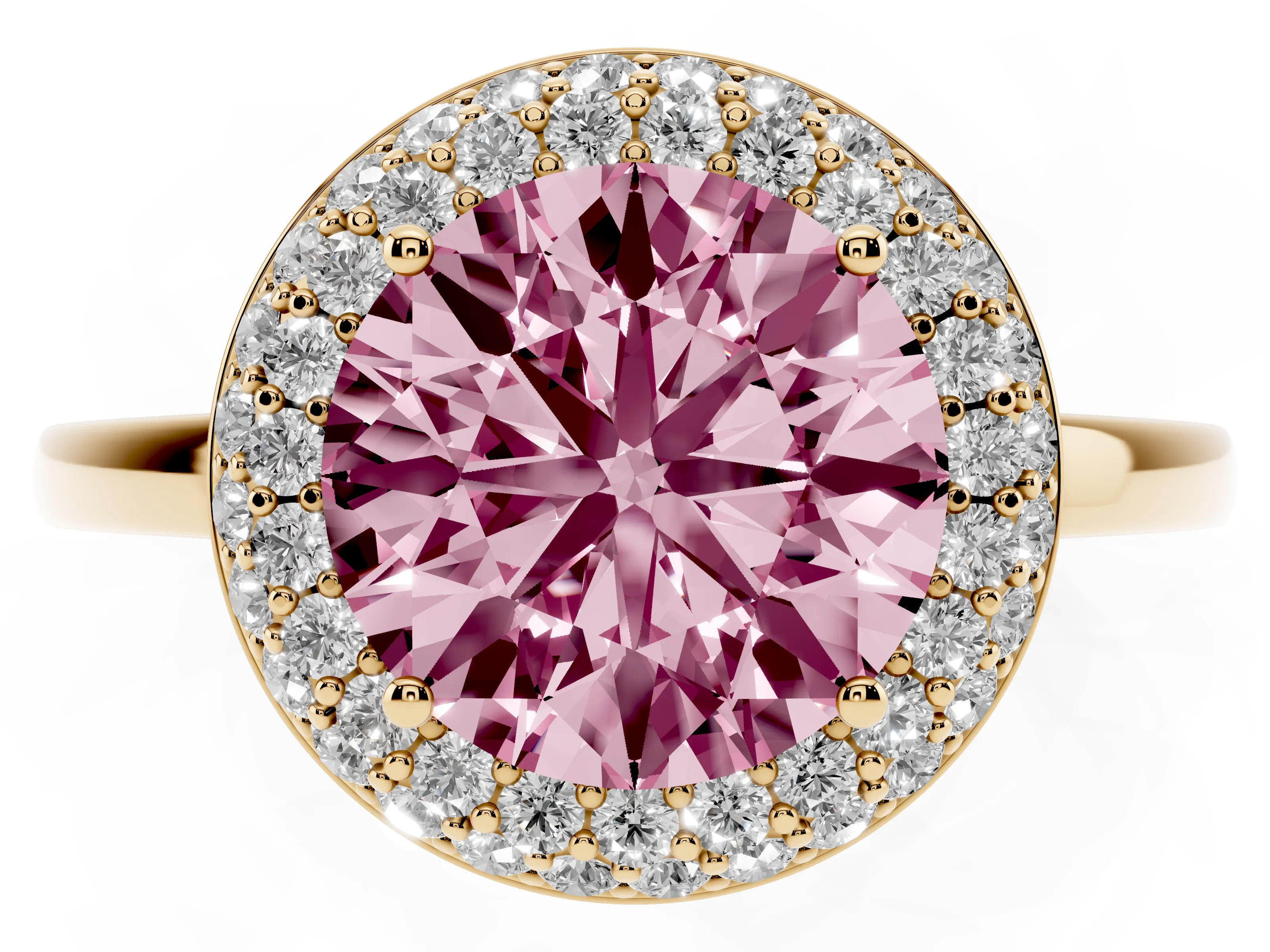 Fancy Pink Round Cut Diamond Halo Engagement Ring Set in Yellow gold with Solitaire Band and Prong Setting