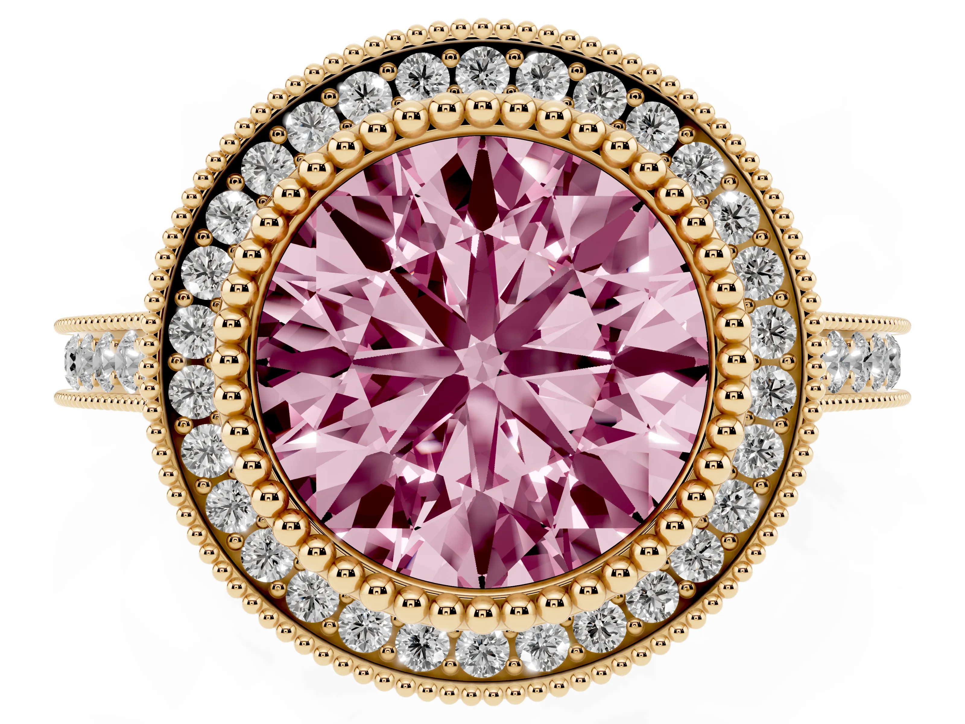 Fancy Pink Round Cut Diamond Halo Ring Set in Yellow gold with Milgrain Frame and Pavé Band