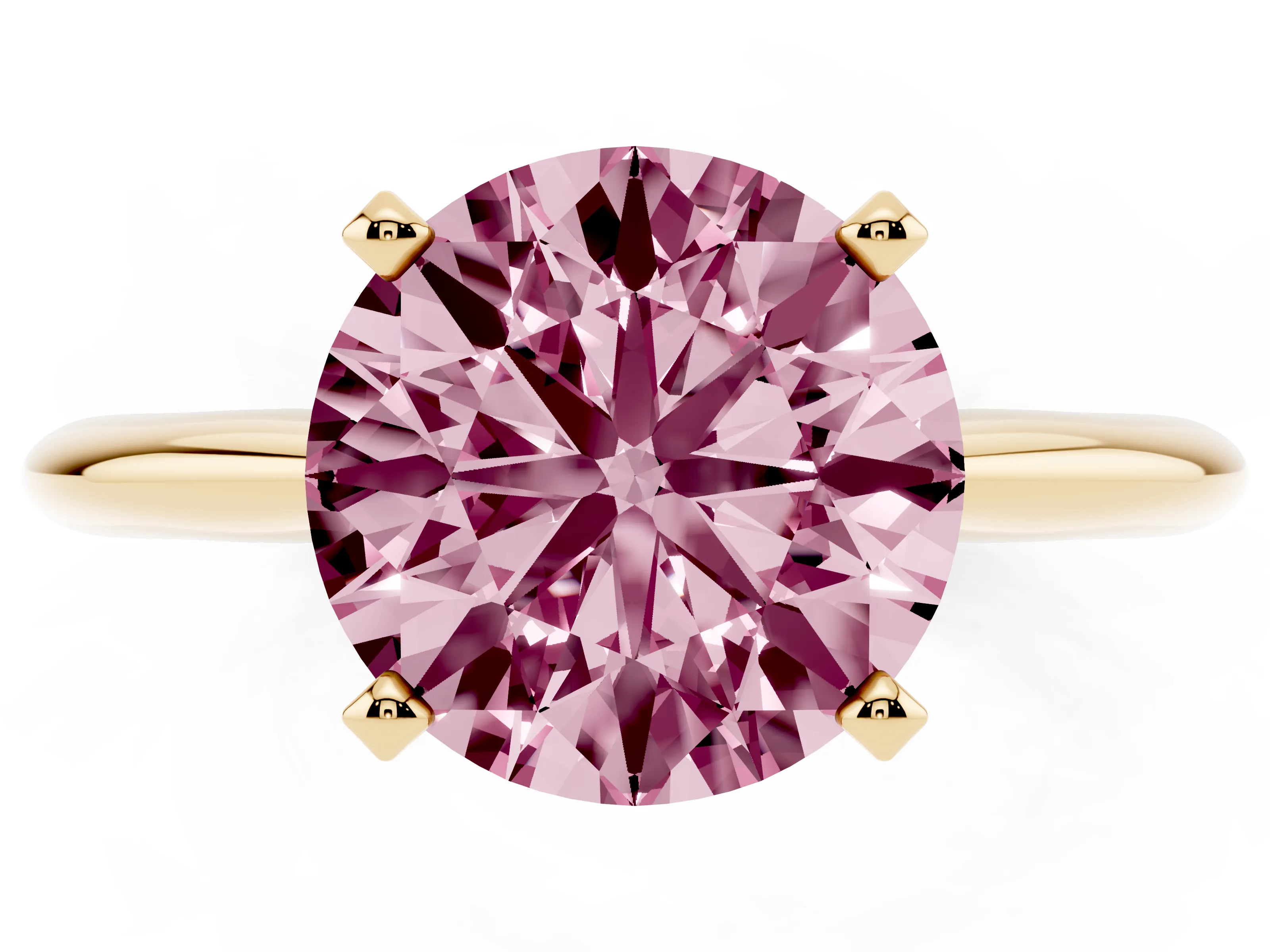 Fancy Pink Round Cut Diamond Solitaire Ring Set in Yellow gold with Prong Setting on a Plain Round Band
