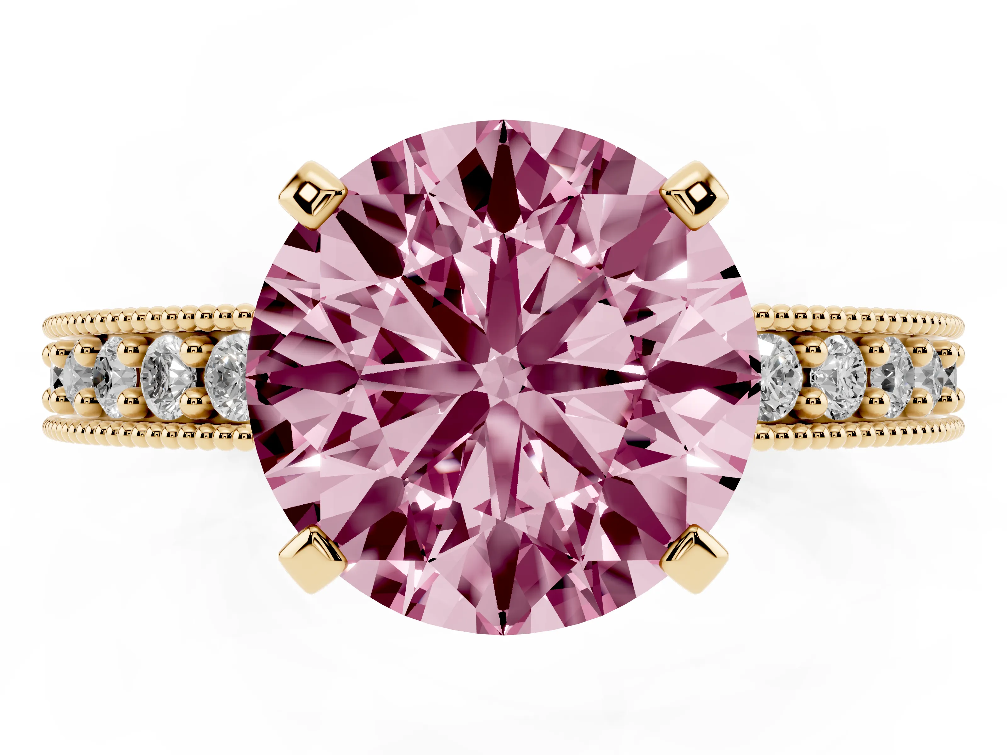 Fancy Pink Round Cut Diamond Milgrain Pavé Engagement Ring Set in Yellow gold with Prong Setting