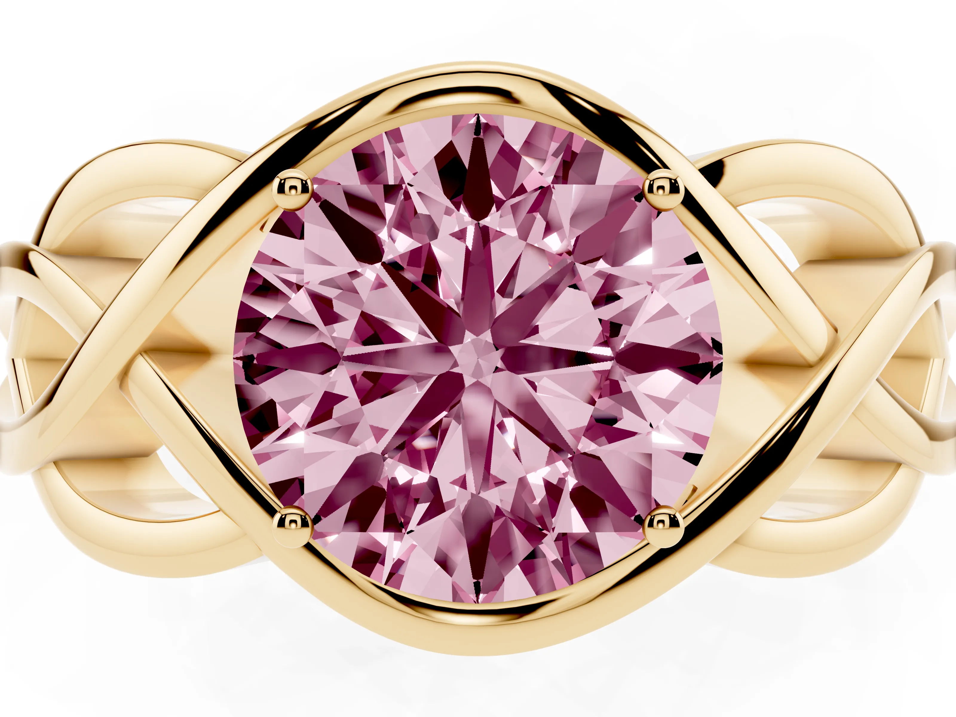 Fancy Pink Round Cut Diamond Solitaire Ring Set in Yellow gold with Intertwined Band