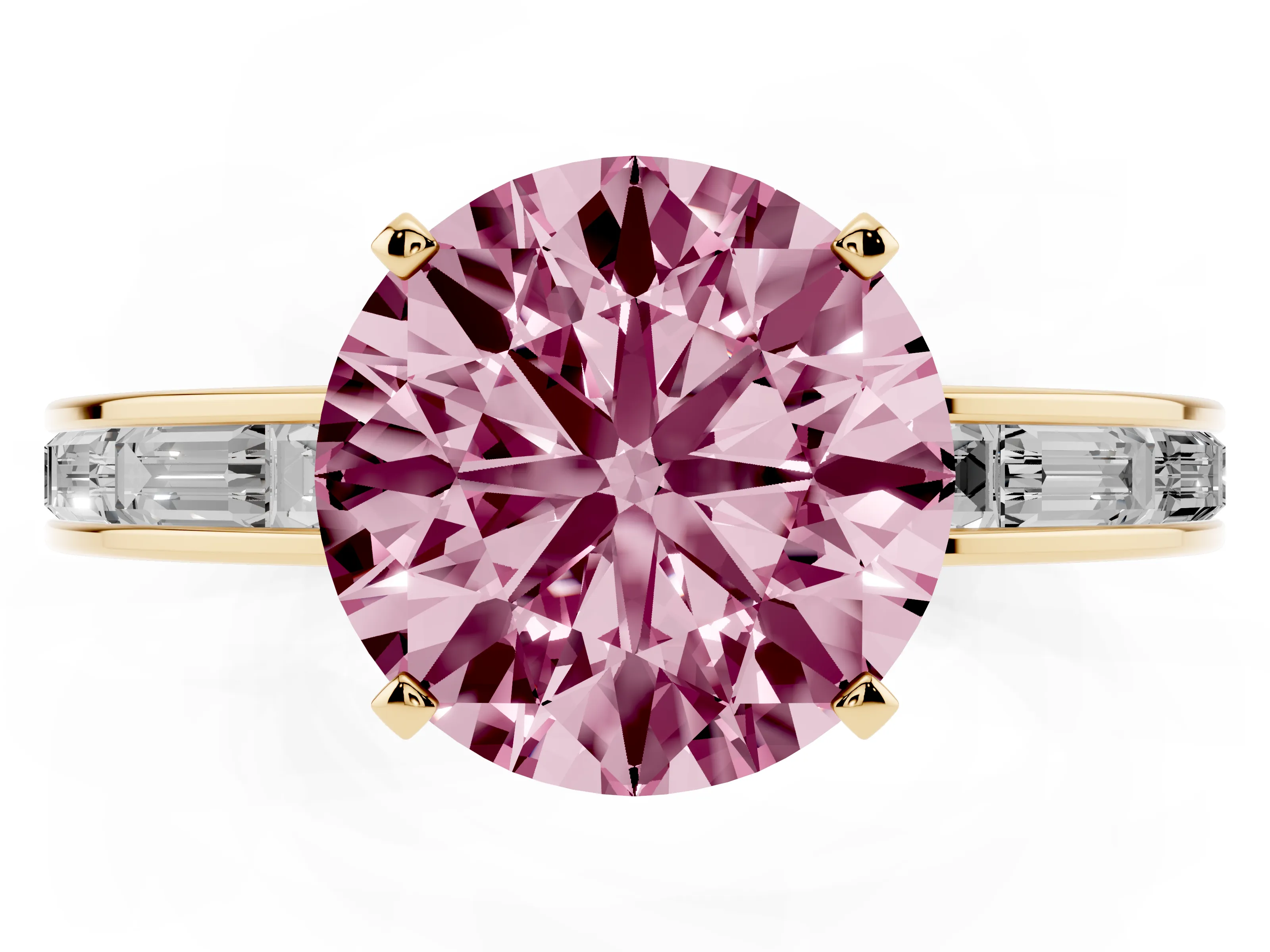 Fancy Pink Round Cut Diamond Solitaire Ring Set in Yellow gold with Channel-Set Baguette Band and Prong Setting