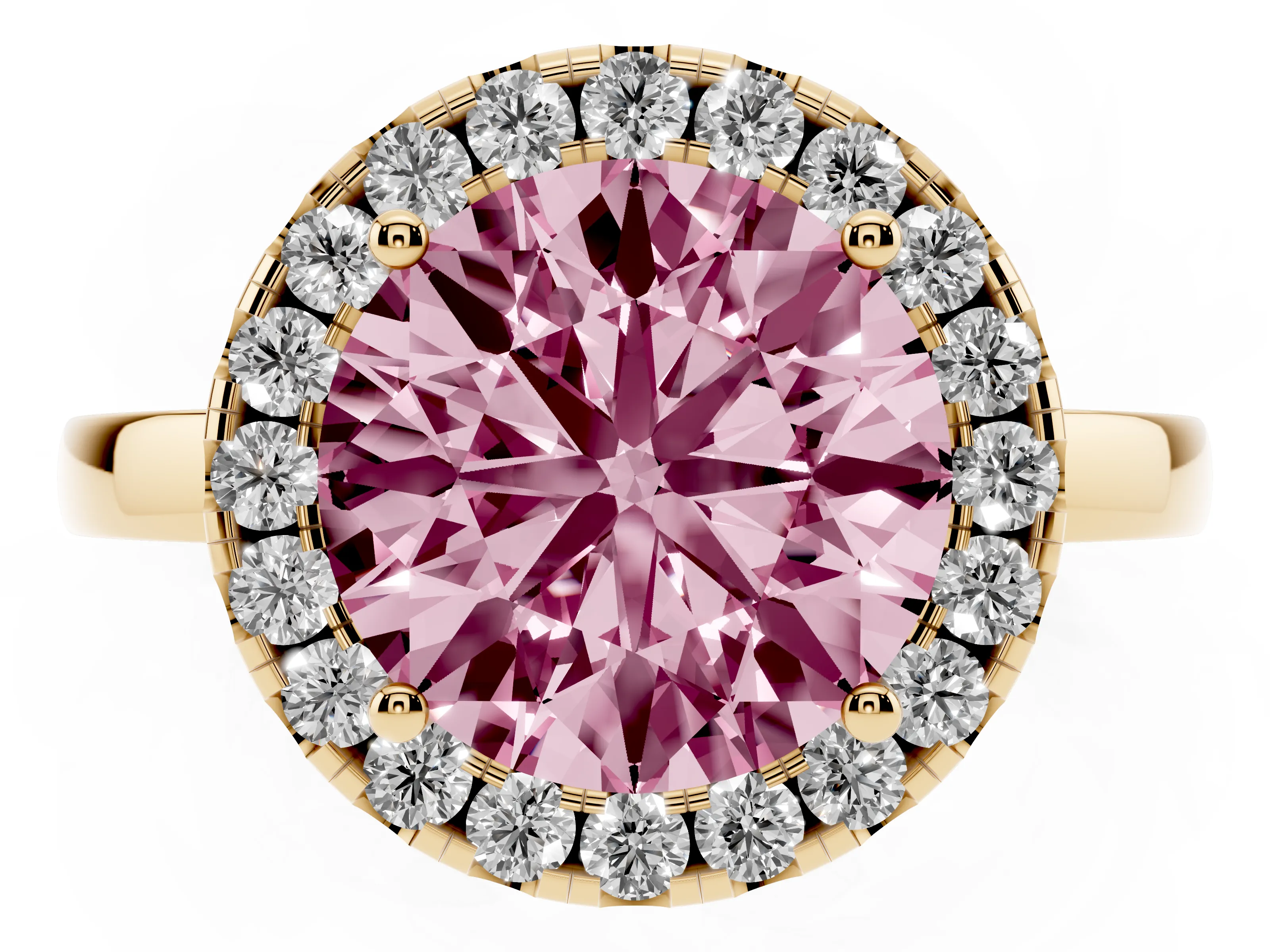 Fancy Pink Round Cut Diamond Halo Solitaire Ring Set in Yellow gold with Pavé Band and Prong Setting