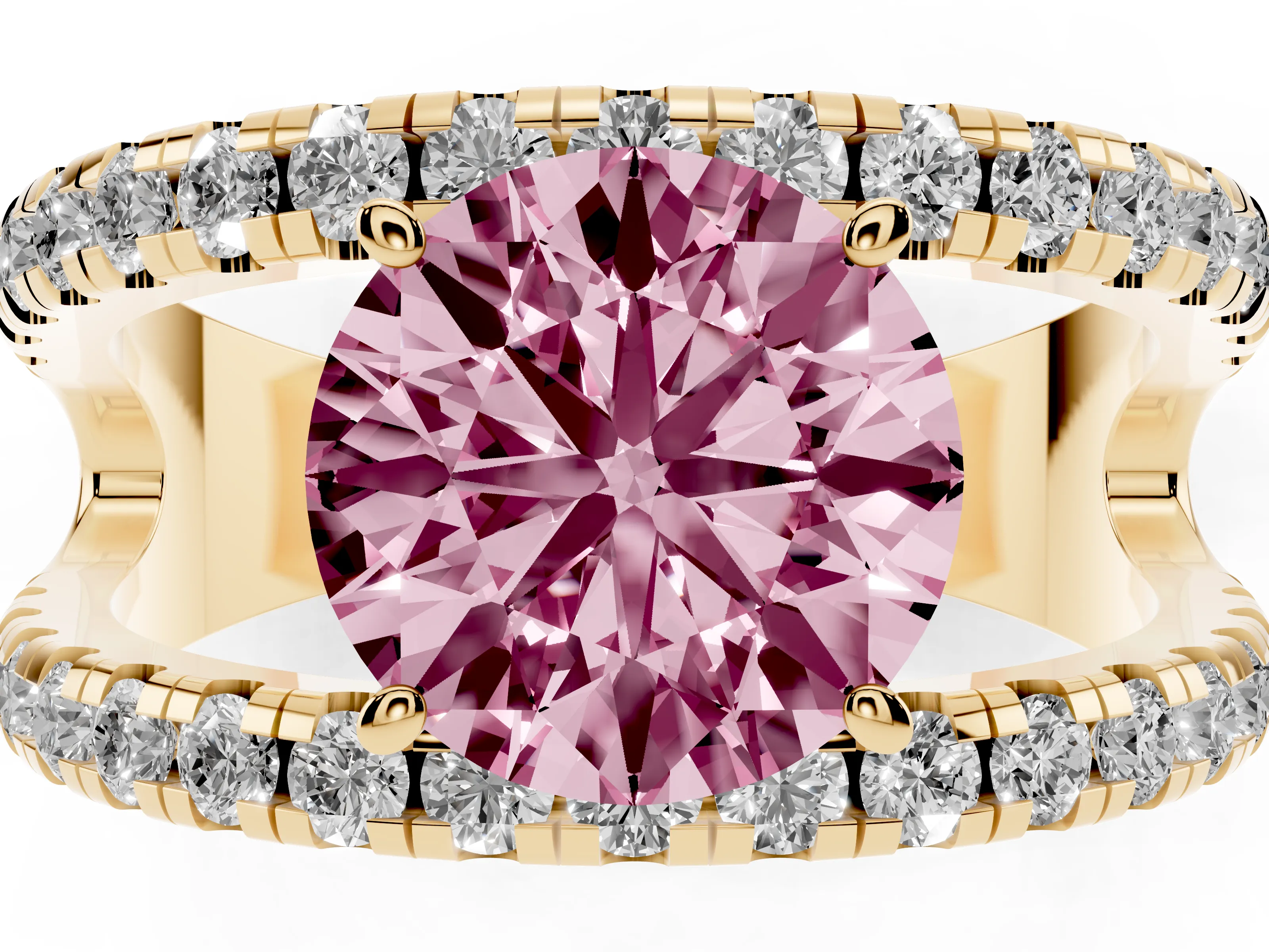 Fancy Pink Round Cut Diamond Split Shank Pavé Solitaire Ring Set in Yellow gold with Open Shank Design