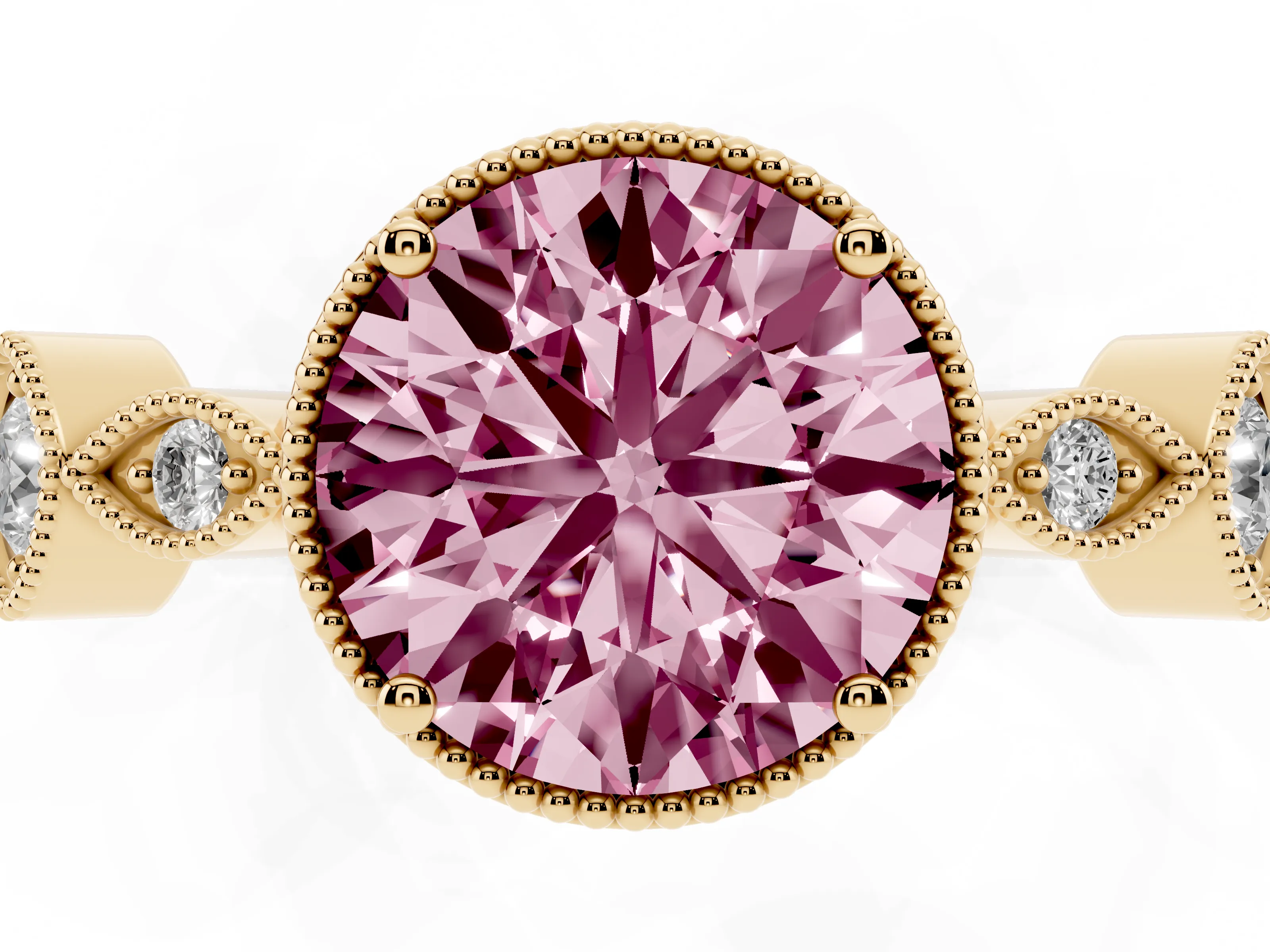 Fancy Pink Round Cut Diamond Vintage-Inspired Milgrain Ring Set in Yellow gold with Marquise Stations of Round Accents