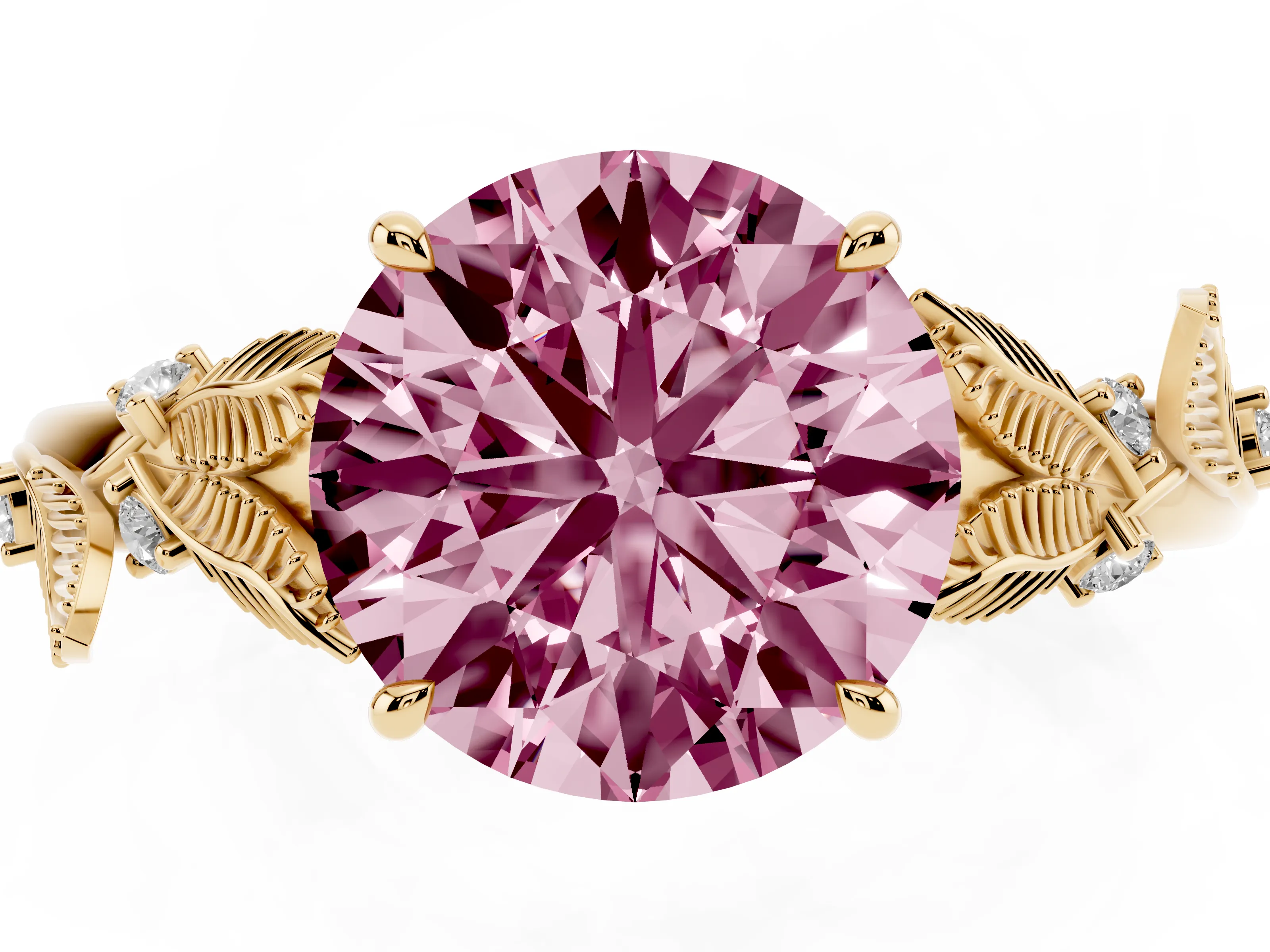 Fancy Pink Round Cut Diamond Solitaire Ring Set in Yellow gold with Leaf Motif Band