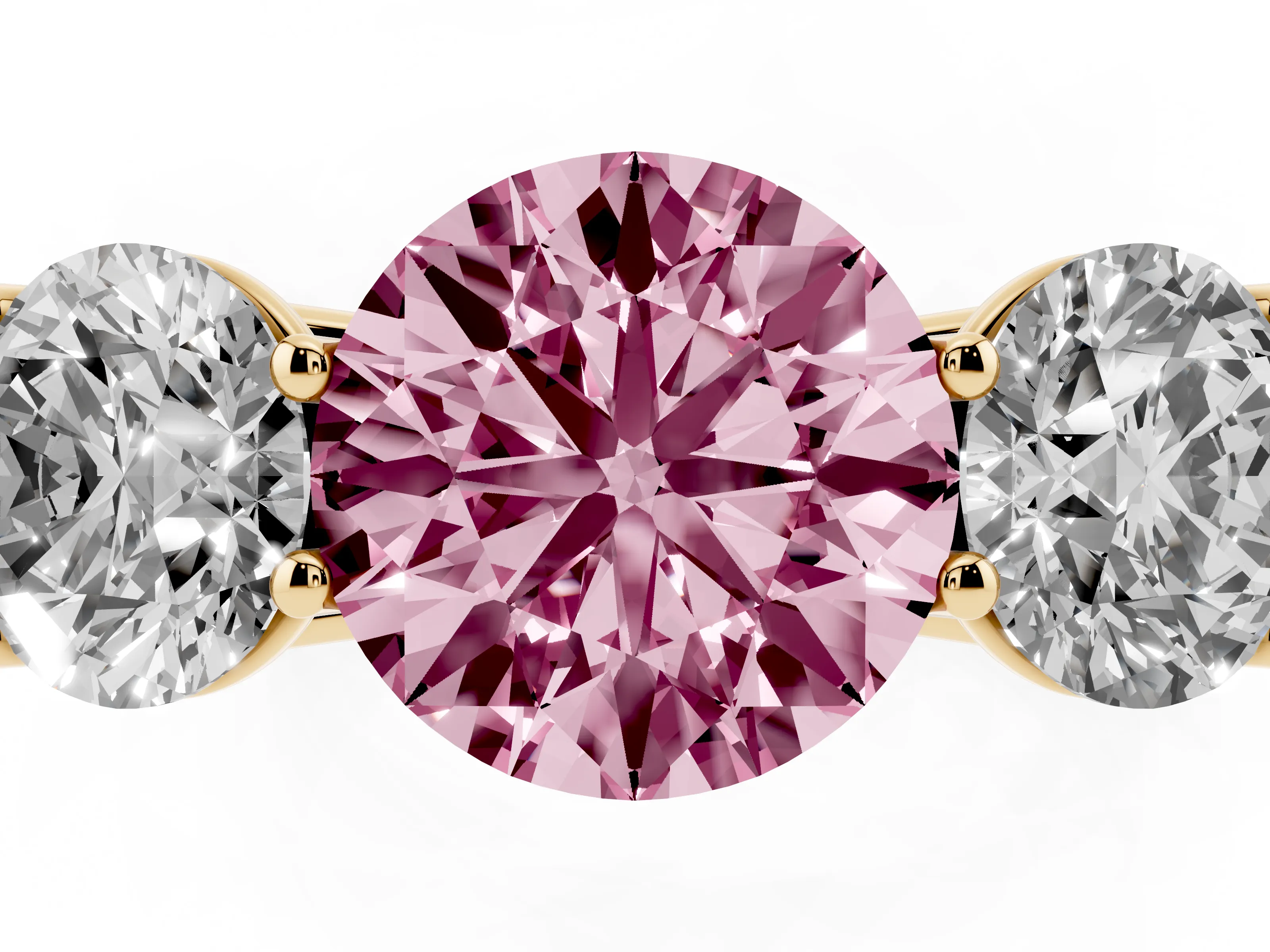 Fancy Pink Round Cut Diamond Three-Stone Ring Set in Yellow gold with Plain Polished Band