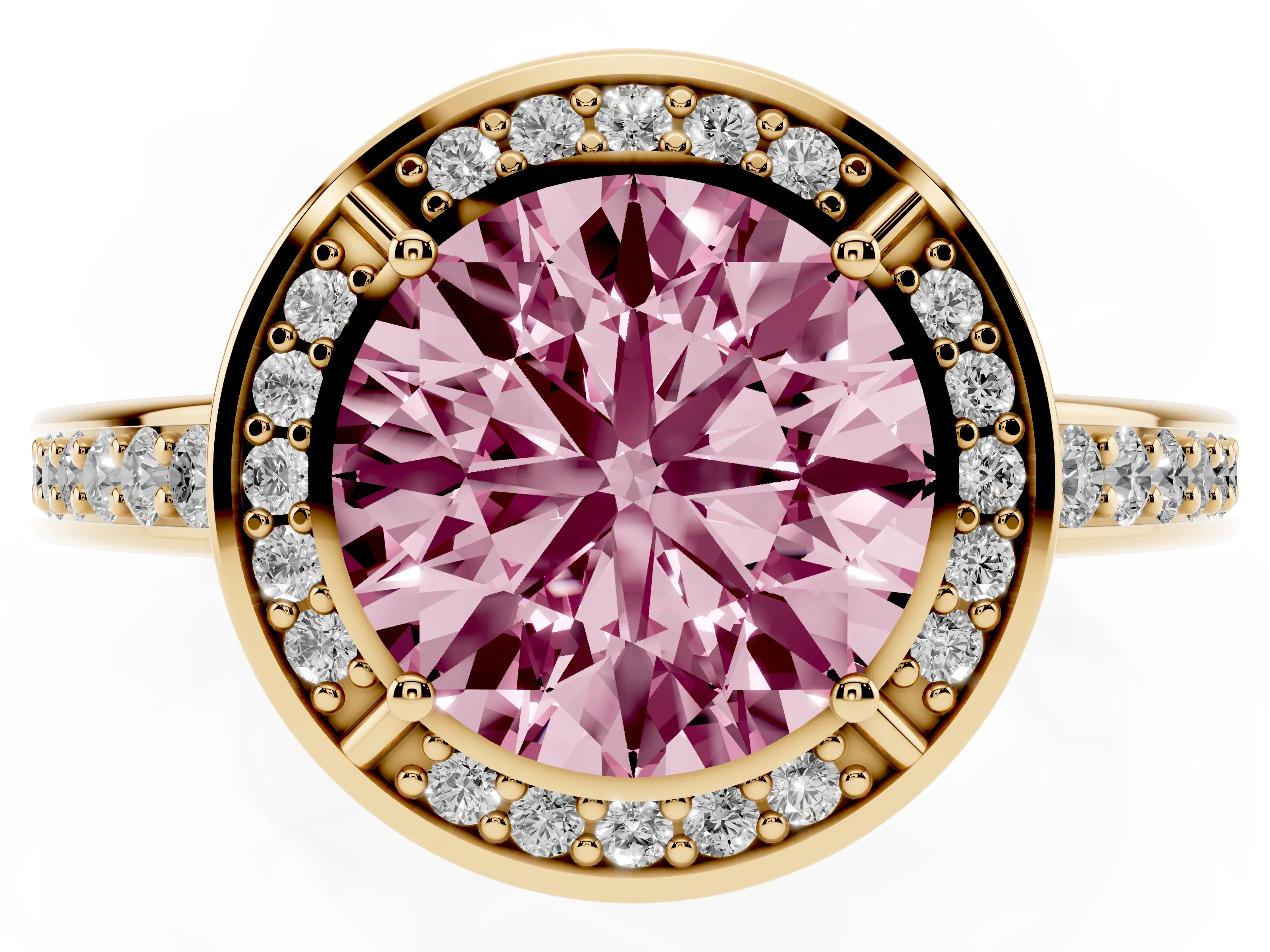 Fancy Pink Round Cut Diamond Halo Pavé Split Shank Ring Set in Yellow gold with Prong Setting