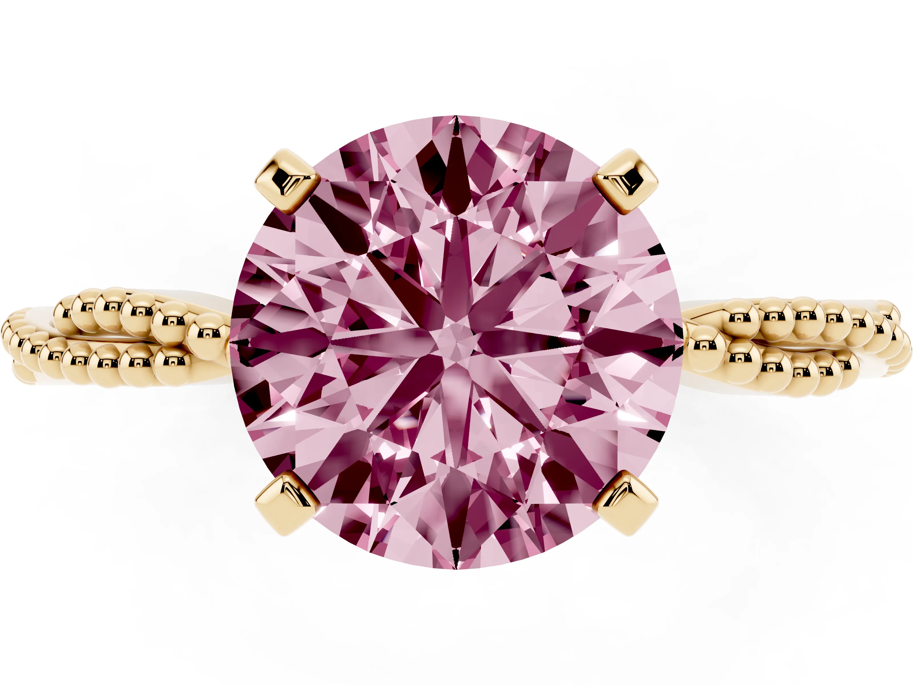 Fancy Pink Round Cut Diamond Solitaire Ring Set in Yellow gold with Twisted Band and Bead Prong Setting