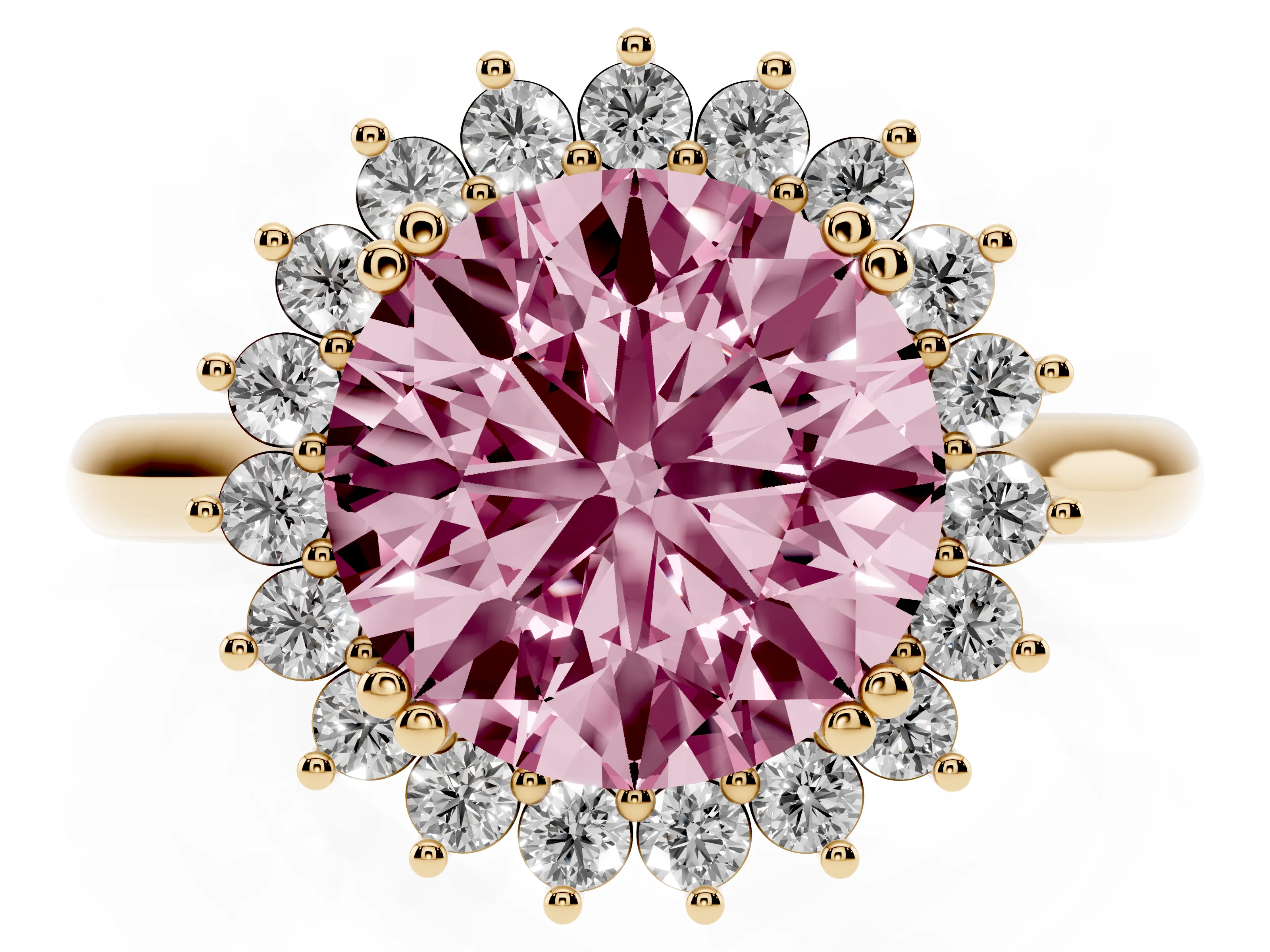 Fancy Pink Round Cut Diamond Halo Ring Set in Yellow gold with Plain Solitaire Band and Prong Setting