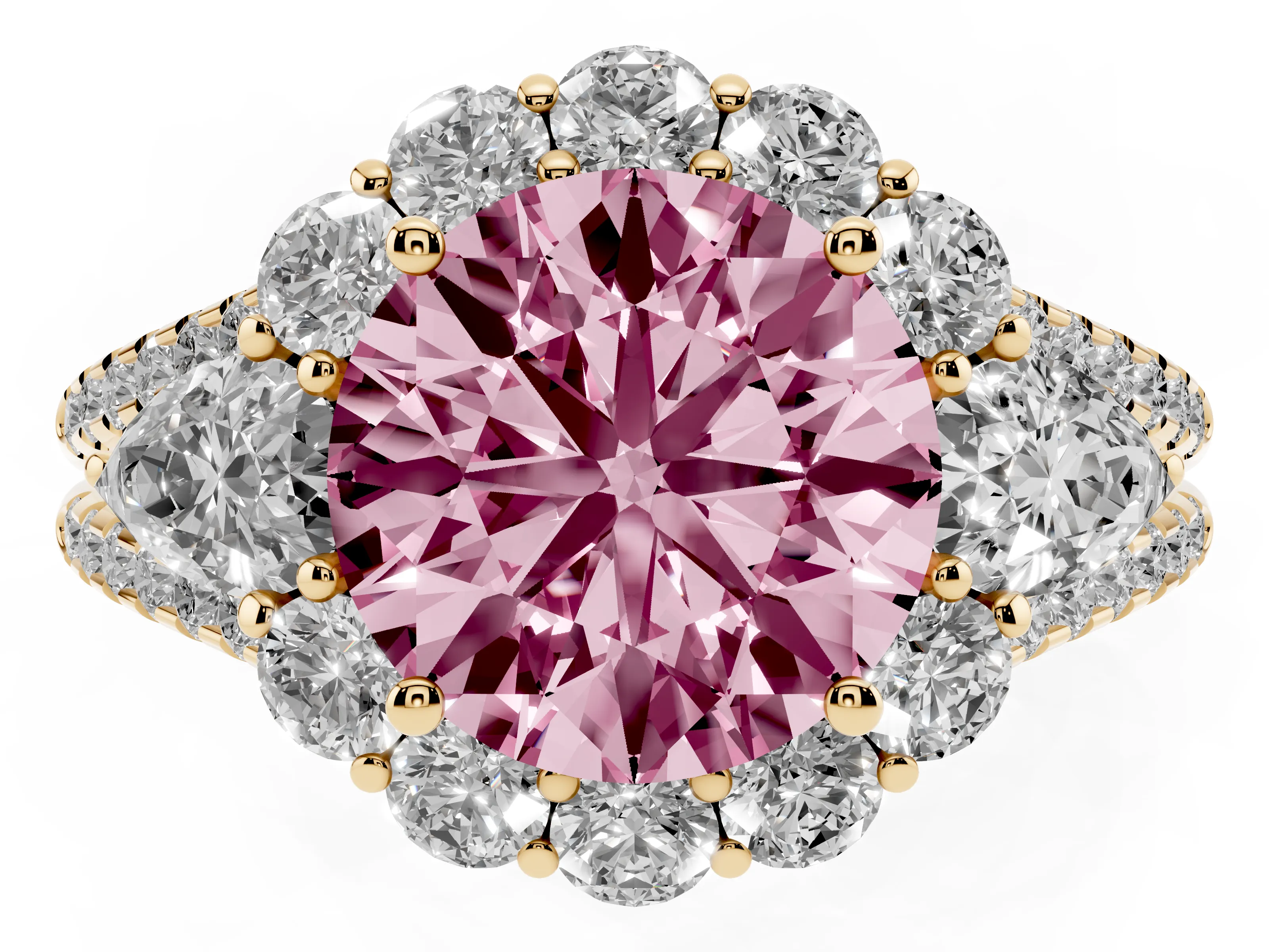 Fancy Pink Round Cut Diamond Halo Split Shank Engagement Ring Set in Yellow gold with Prong-Held Center Stone