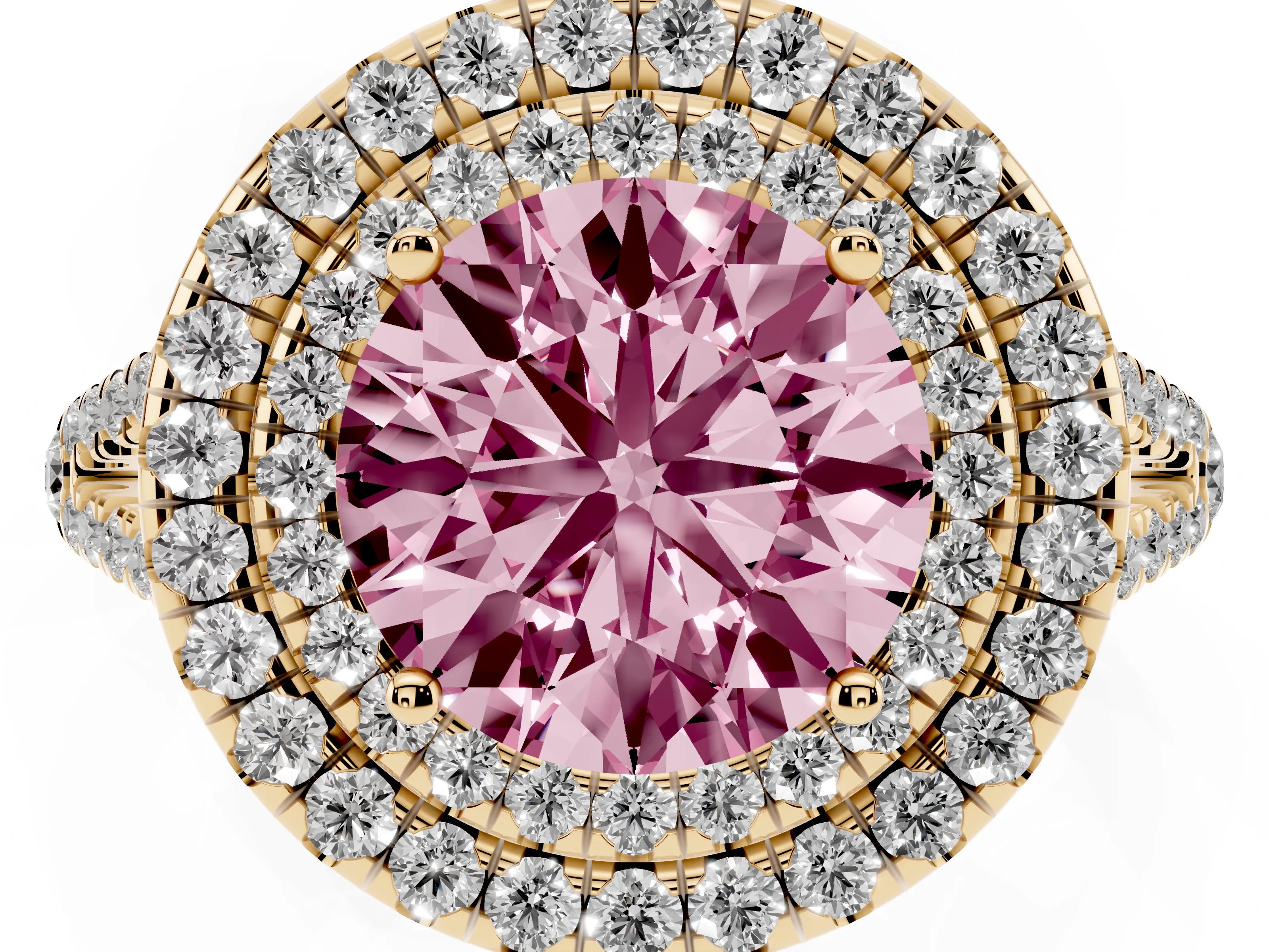Fancy Pink Round Cut Diamond Double Halo Ring Set in Yellow gold with Pavé Band