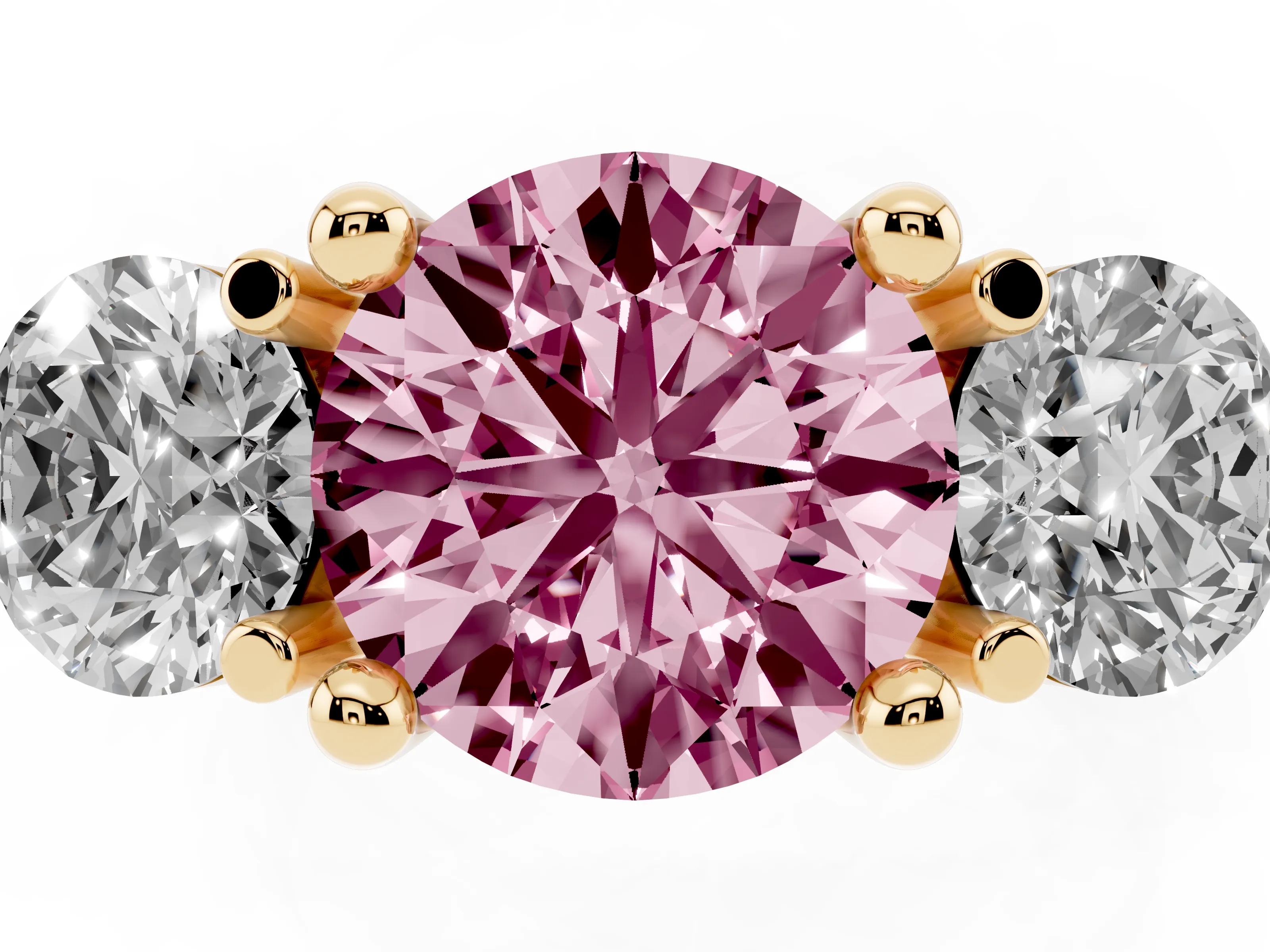 Fancy Pink Round Cut Diamond Three-Stone Ring Set in Yellow gold with Prong Setting and Classic Band