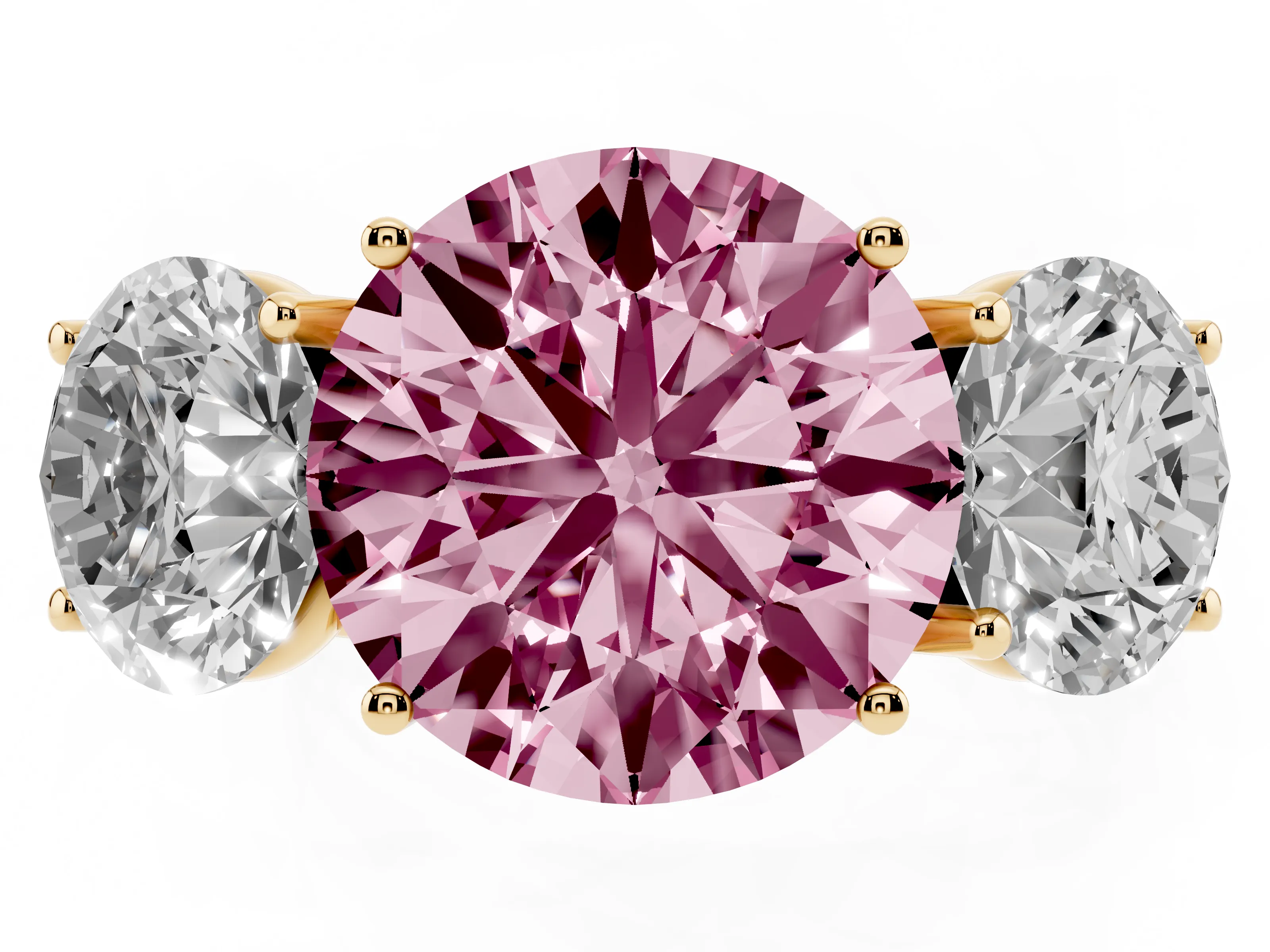 Fancy Pink Round Cut Diamond Three-Stone Ring Set in Yellow gold with Braided Band
