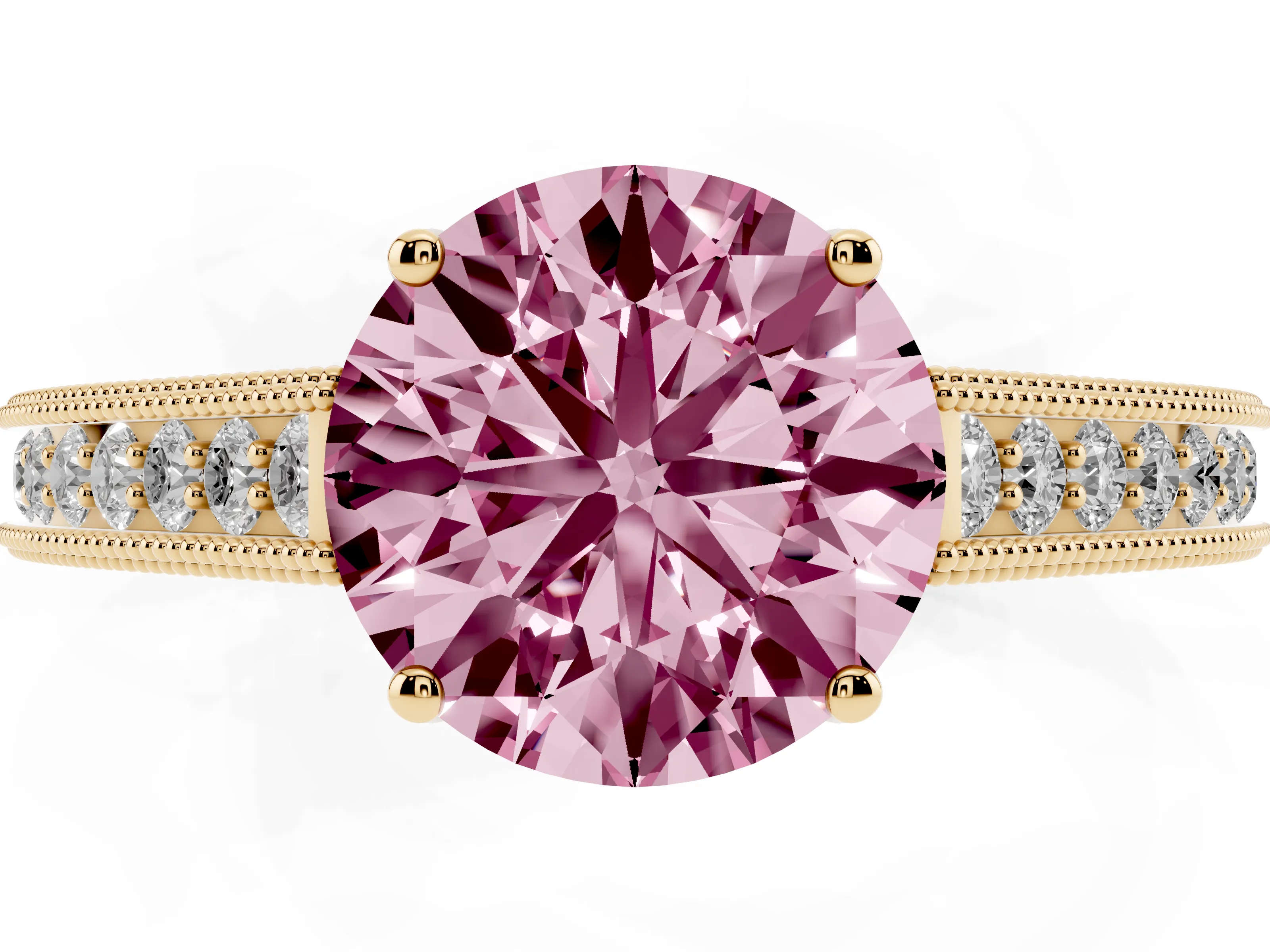Fancy Pink Round Cut Diamond Milgrain Pavé Band Solitaire Ring Set in Yellow gold with Prong Setting