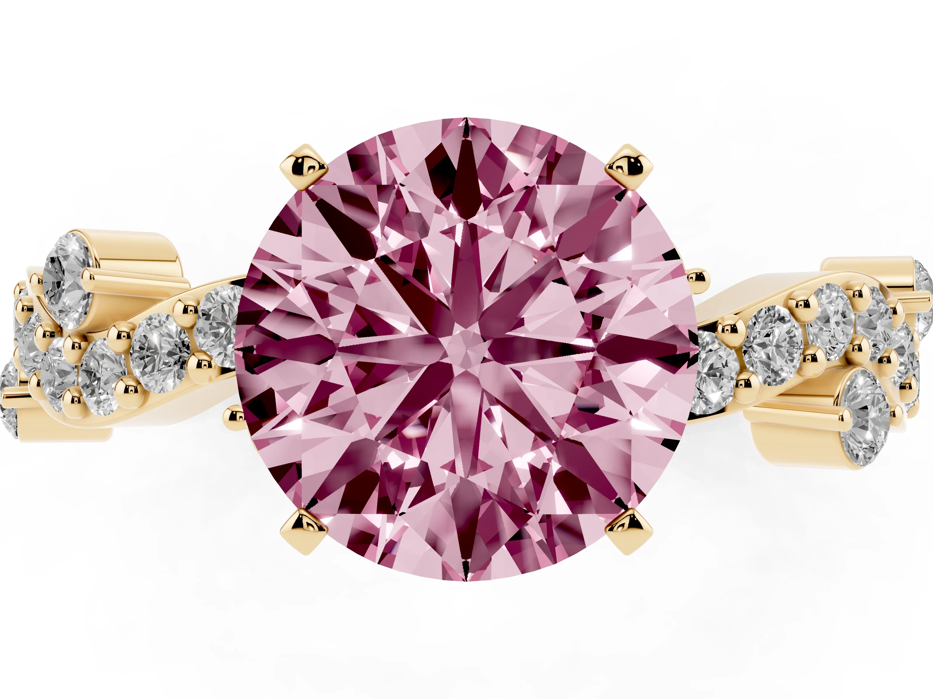 Fancy Pink Round Cut Diamond Solitaire Twisted Band Set in Yellow gold with Pavé Setting